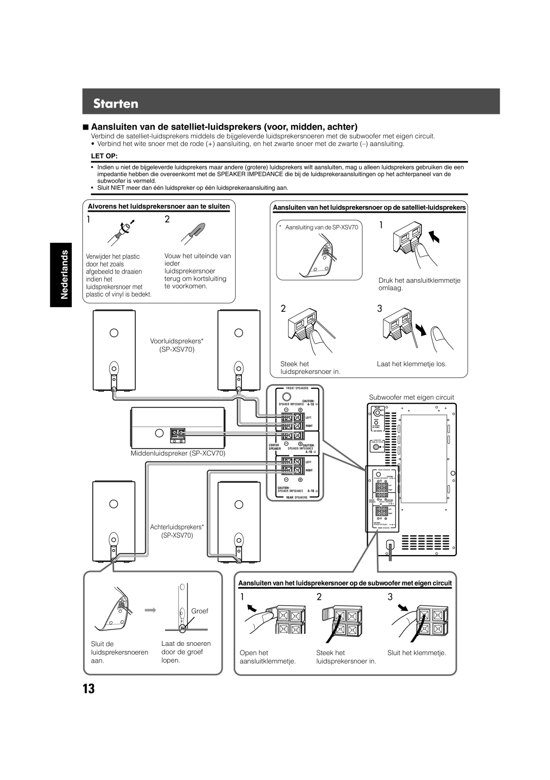 JVC TH-V70R manual Let Op, Alvorens het luidsprekersnoer aan te sluiten, Steek het Laat het klemmetje los Luidsprekersnoer 