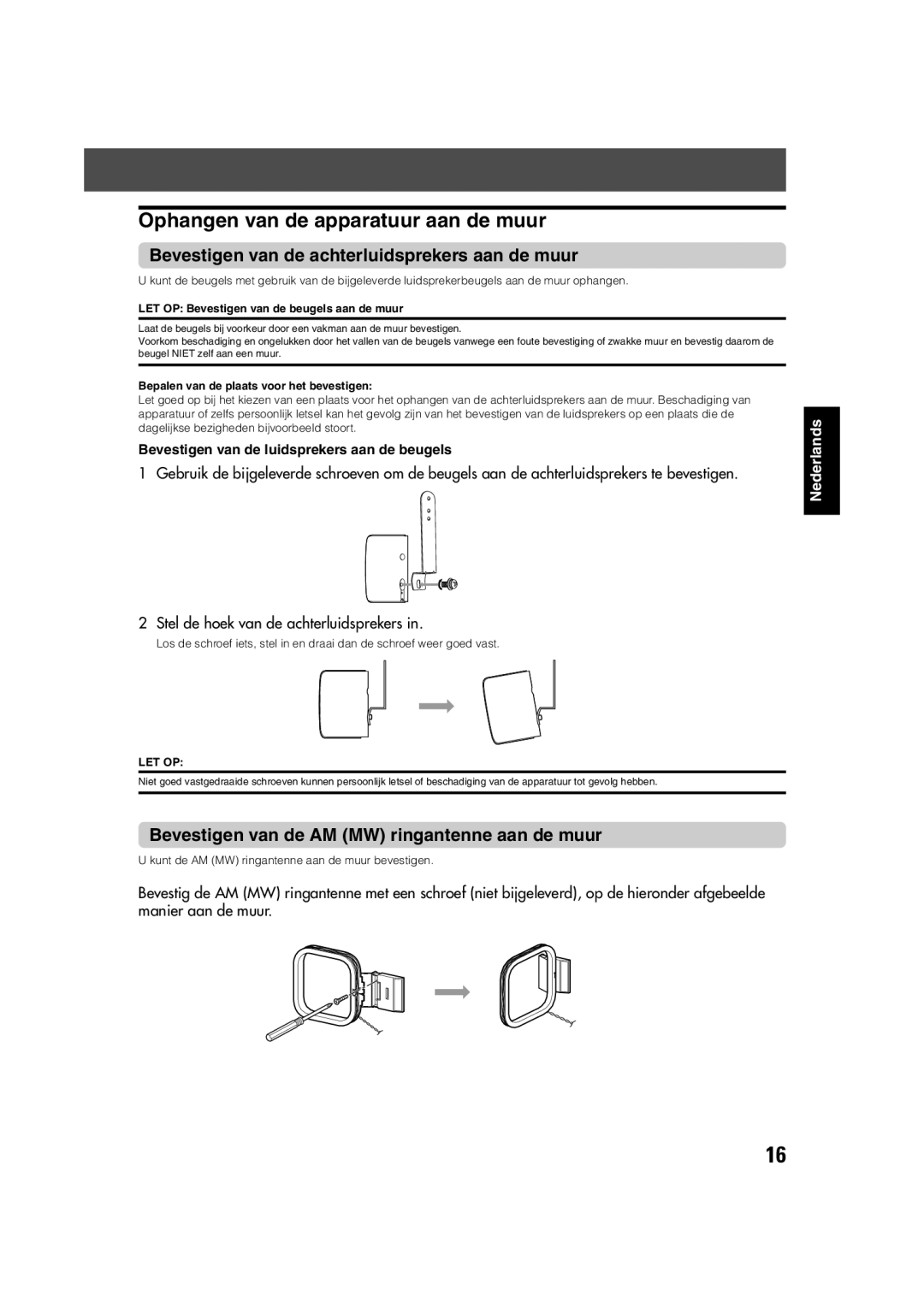 JVC TH-V70R manual Ophangen van de apparatuur aan de muur, Bevestigen van de achterluidsprekers aan de muur 