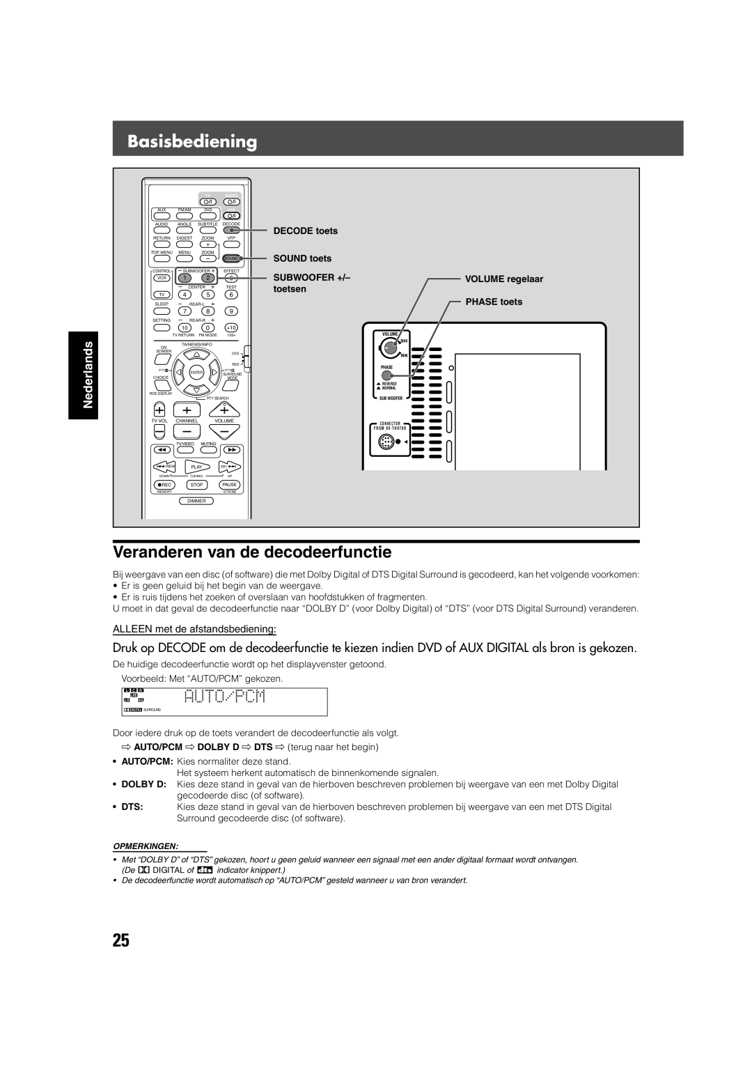 JVC TH-V70R manual Veranderen van de decodeerfunctie, Decode toets, Sound Sound toets, Volume regelaar, Toetsen Phase toets 