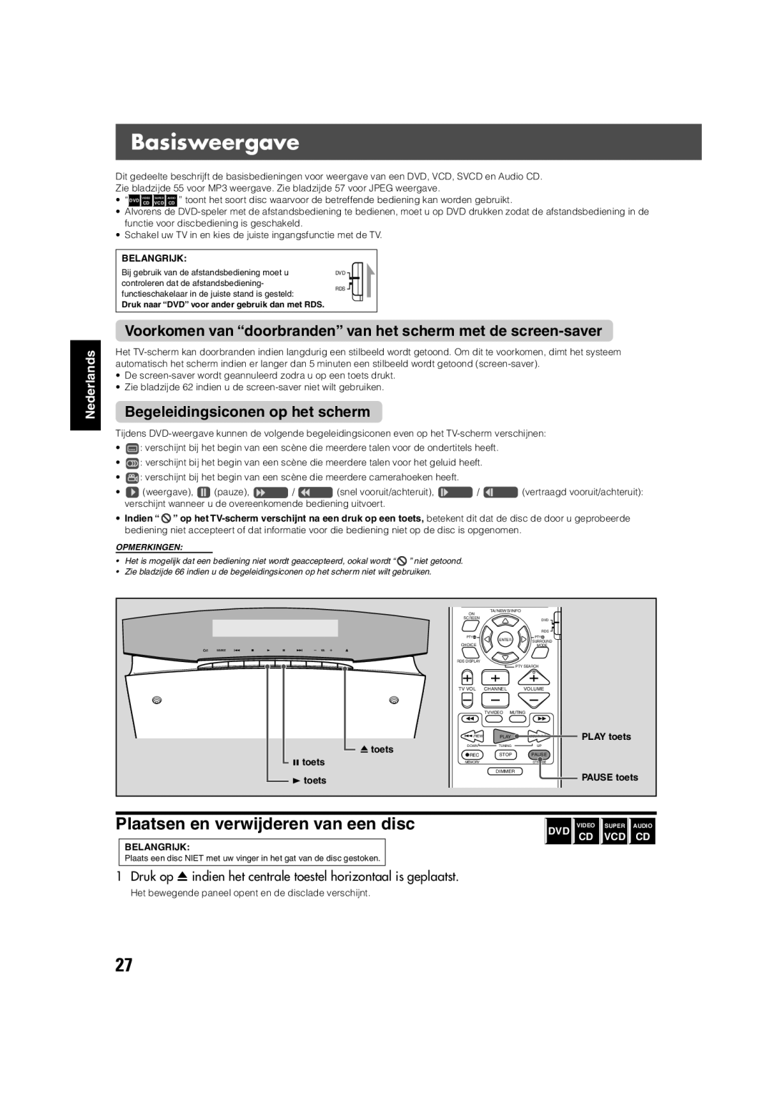 JVC TH-V70R manual Basisweergave, Begeleidingsiconen op het scherm, Play toets Pause toets 