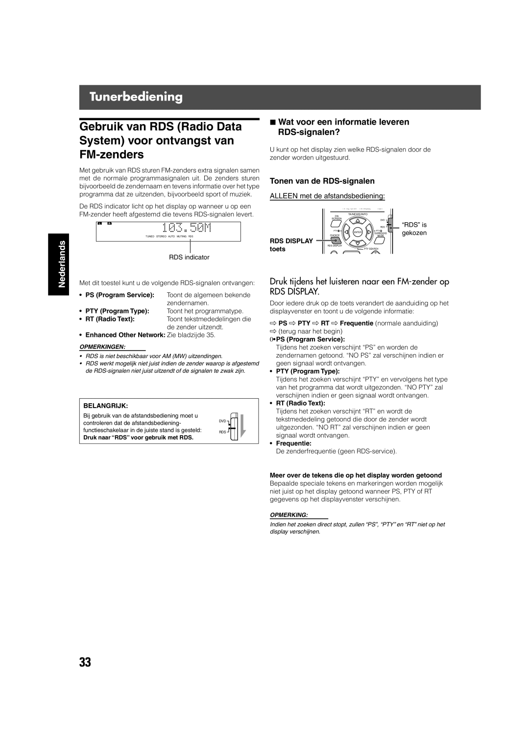 JVC TH-V70R manual Tunerbediening, Wat voor een informatie leveren RDS-signalen?, Tonen van de RDS-signalen 