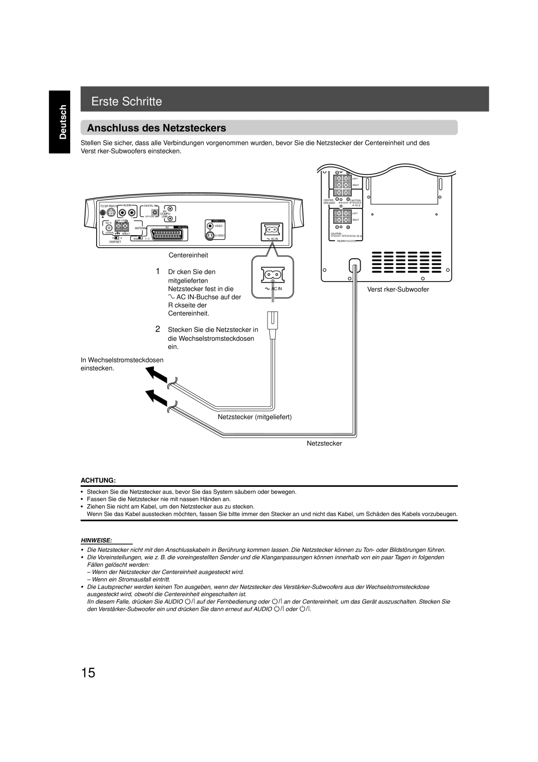 JVC TH-V70R manual Anschluss des Netzsteckers, Netzstecker mitgeliefert 