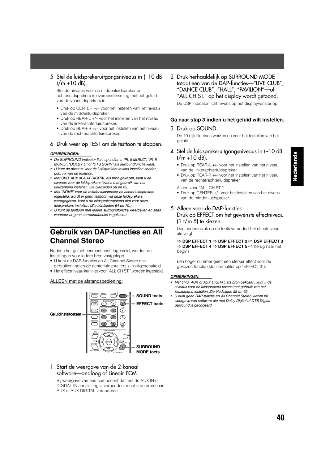 JVC TH-V70R manual Gebruik van DAP-functies en All Channel Stereo, Stel de luidsprekeruitgangsniveaus in -10 dB t/m +10 dB 