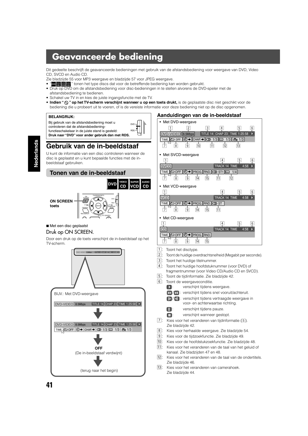 JVC TH-V70R manual Geavanceerde bediening, Gebruik van de in-beeldstaaf, Tonen van de in-beeldstaaf, Druk op on Screen 