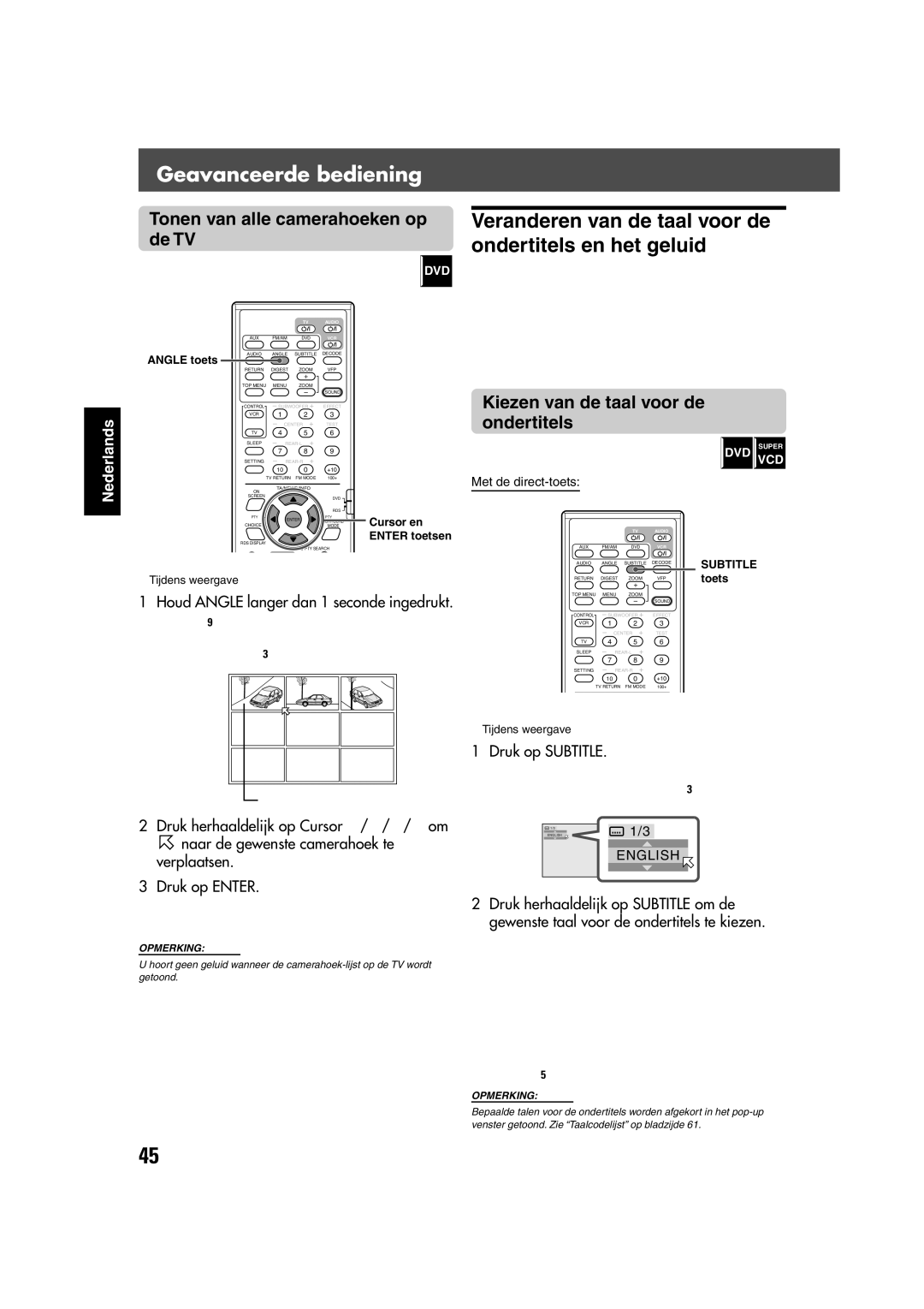 JVC TH-V70R manual Veranderen van de taal voor de ondertitels en het geluid, Tonen van alle camerahoeken op de TV 