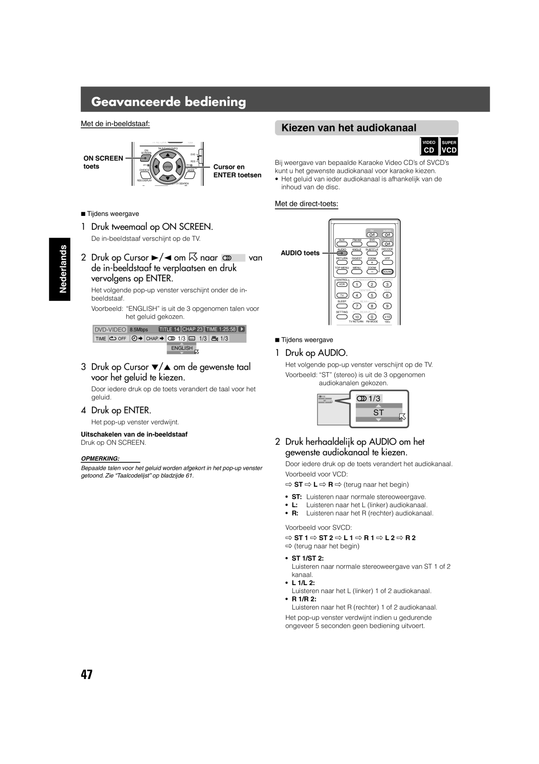 JVC TH-V70R manual Kiezen van het audiokanaal, Het volgende pop-up venster verschijnt op de TV 