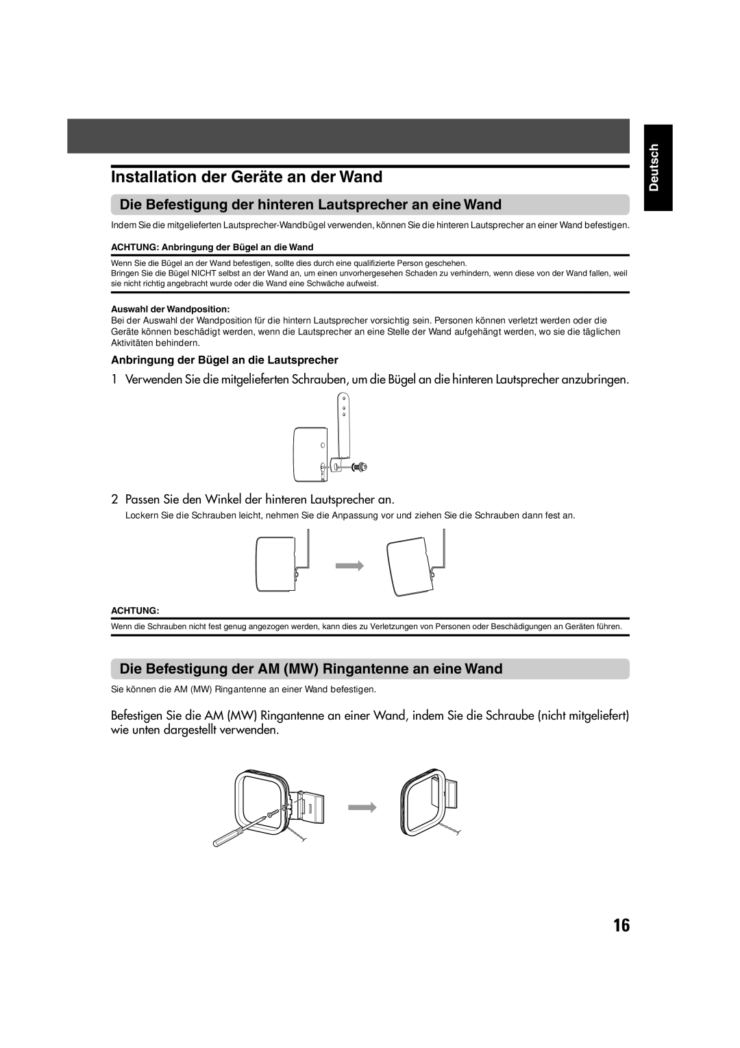 JVC TH-V70R manual Installation der Geräte an der Wand, Die Befestigung der hinteren Lautsprecher an eine Wand 