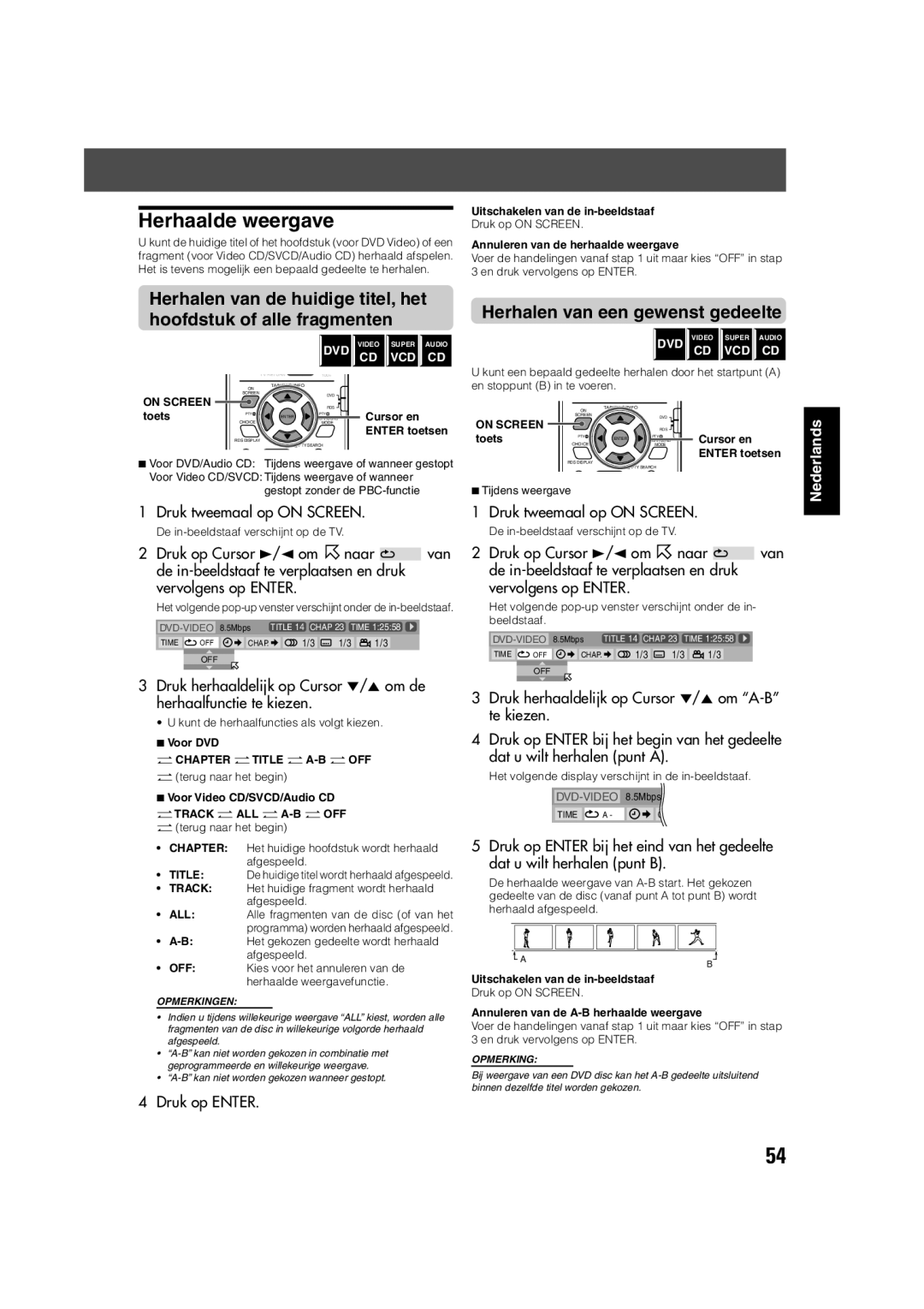 JVC TH-V70R manual Herhaalde weergave, Herhalen van een gewenst gedeelte, Chapter Title A-B OFF, Track ALL A-B OFF 