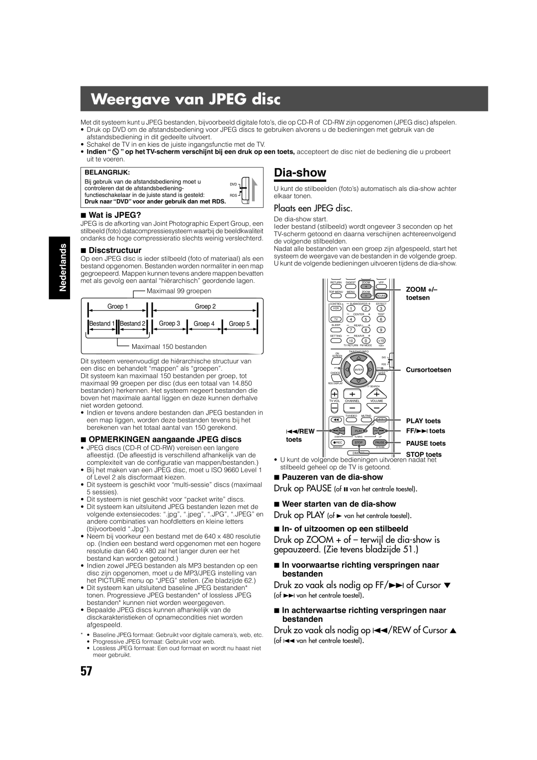 JVC TH-V70R manual Weergave van Jpeg disc, Dia-show, Plaats een Jpeg disc 