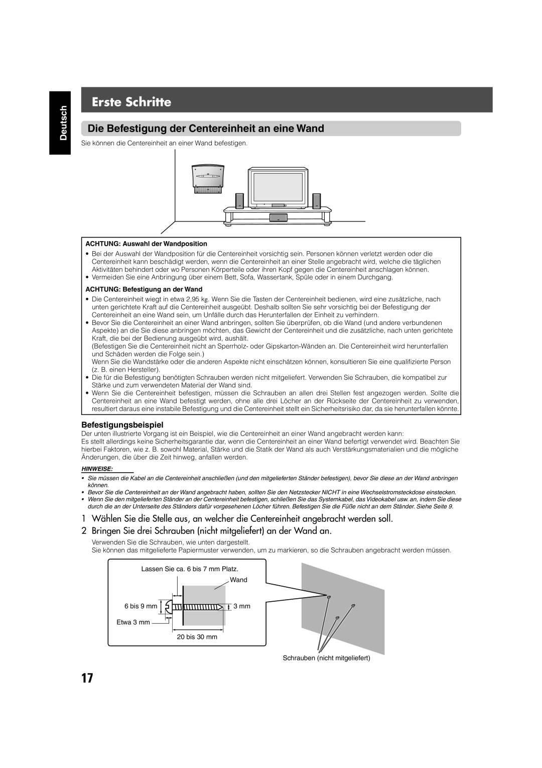 JVC TH-V70R manual Die Befestigung der Centereinheit an eine Wand, Befestigungsbeispiel, Achtung Auswahl der Wandposition 