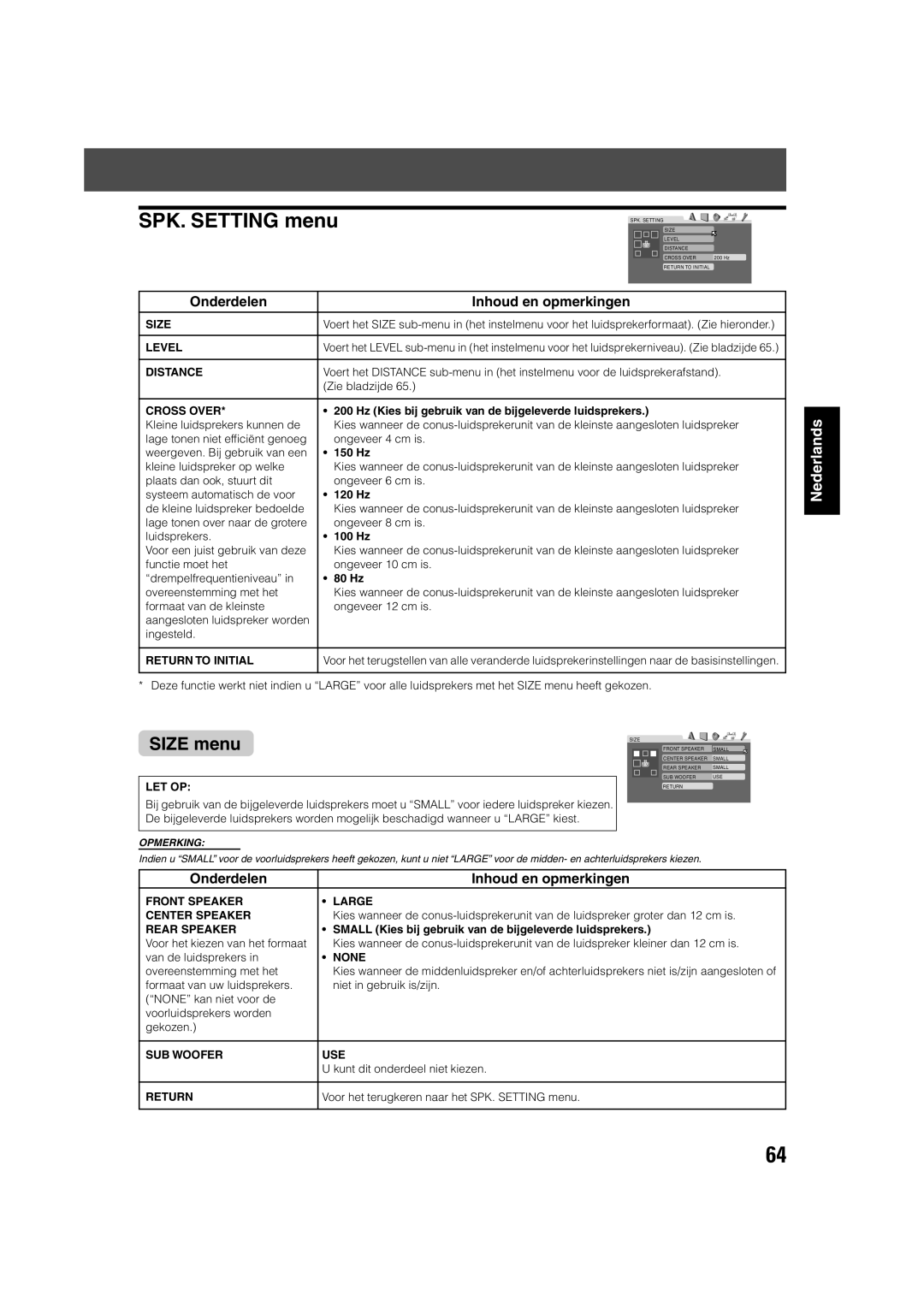 JVC TH-V70R manual SPK. Setting menu, Size menu 