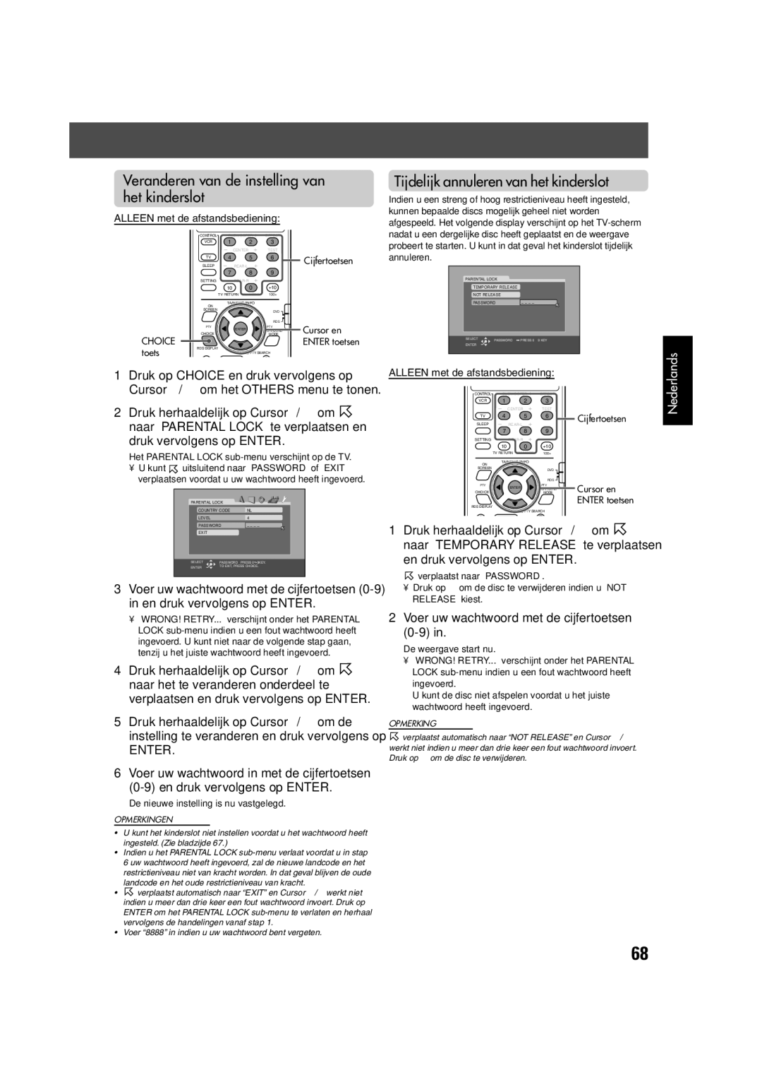 JVC TH-V70R manual Veranderen van de instelling van het kinderslot, Tijdelijk annuleren van het kinderslot 