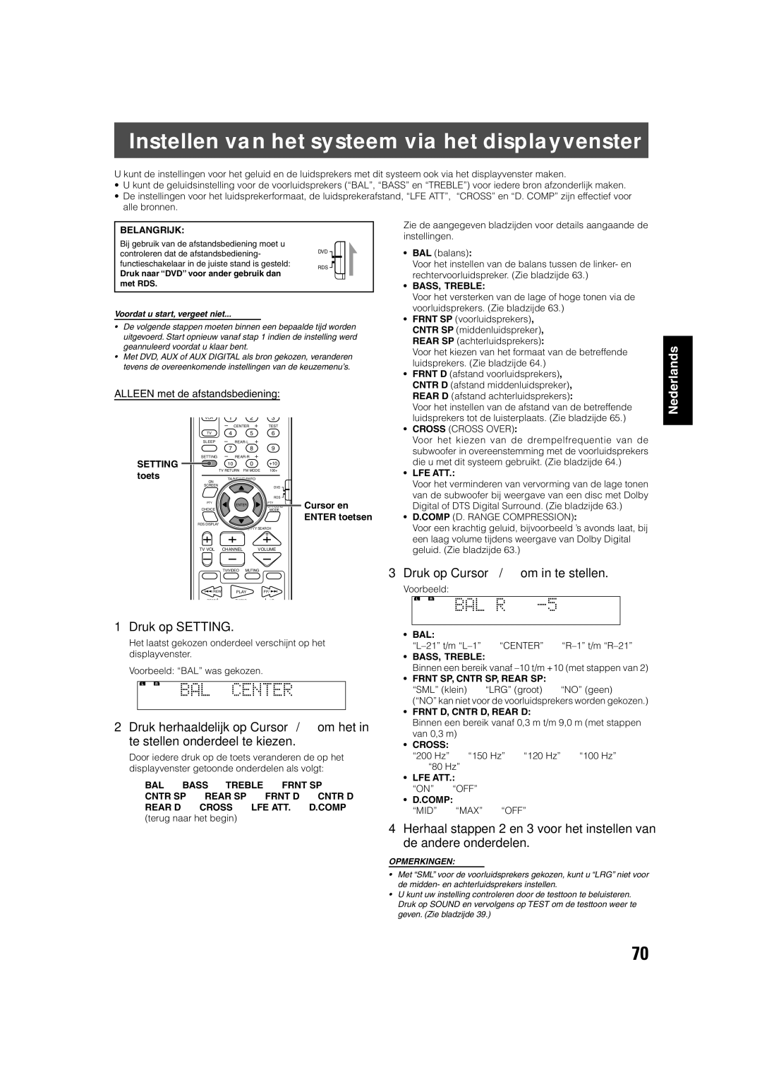 JVC TH-V70R manual Instellen van het systeem via het displayvenster, Druk op Setting, Druk op Cursor 2/3 om in te stellen 