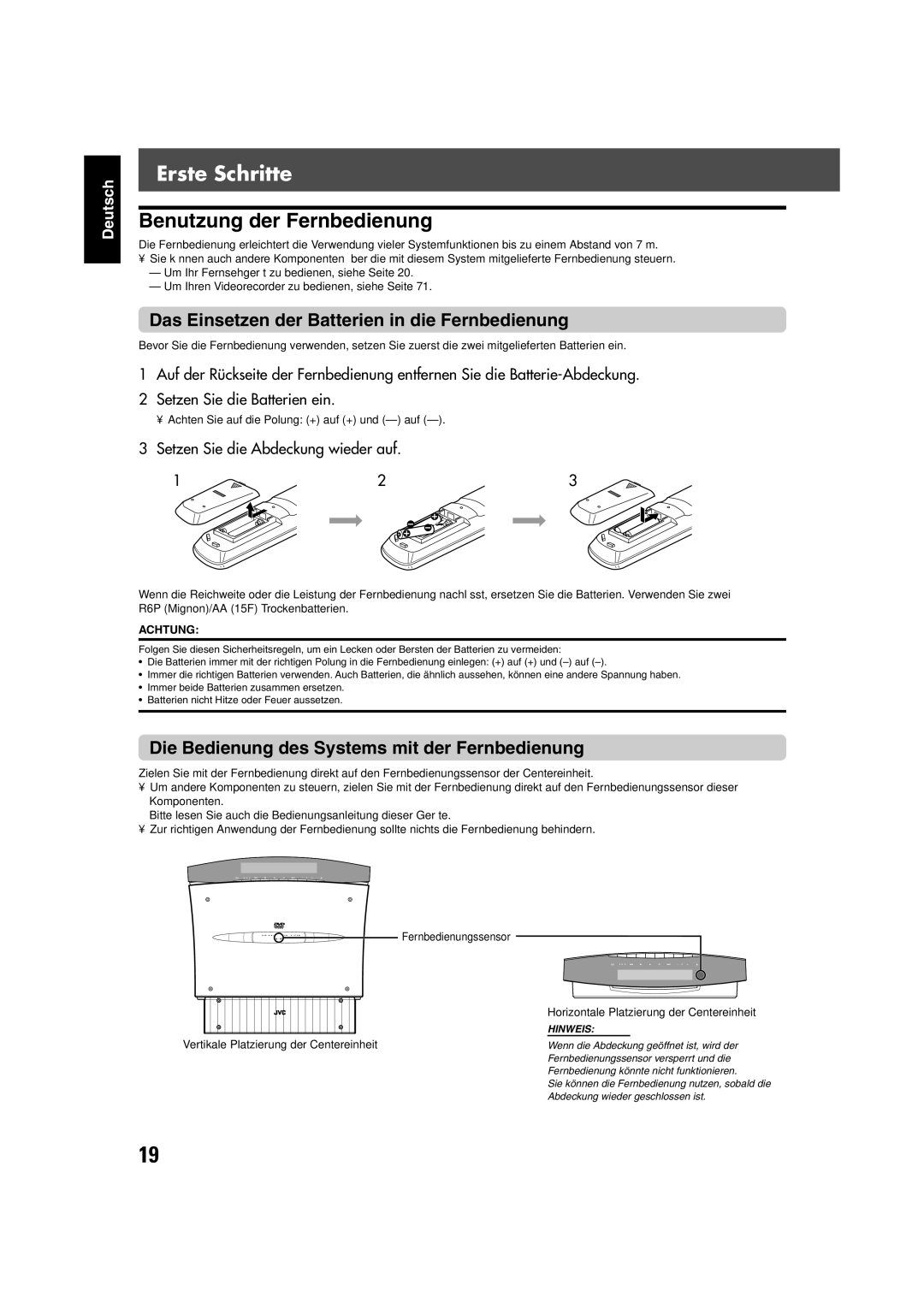 JVC TH-V70R manual Benutzung der Fernbedienung, Das Einsetzen der Batterien in die Fernbedienung 