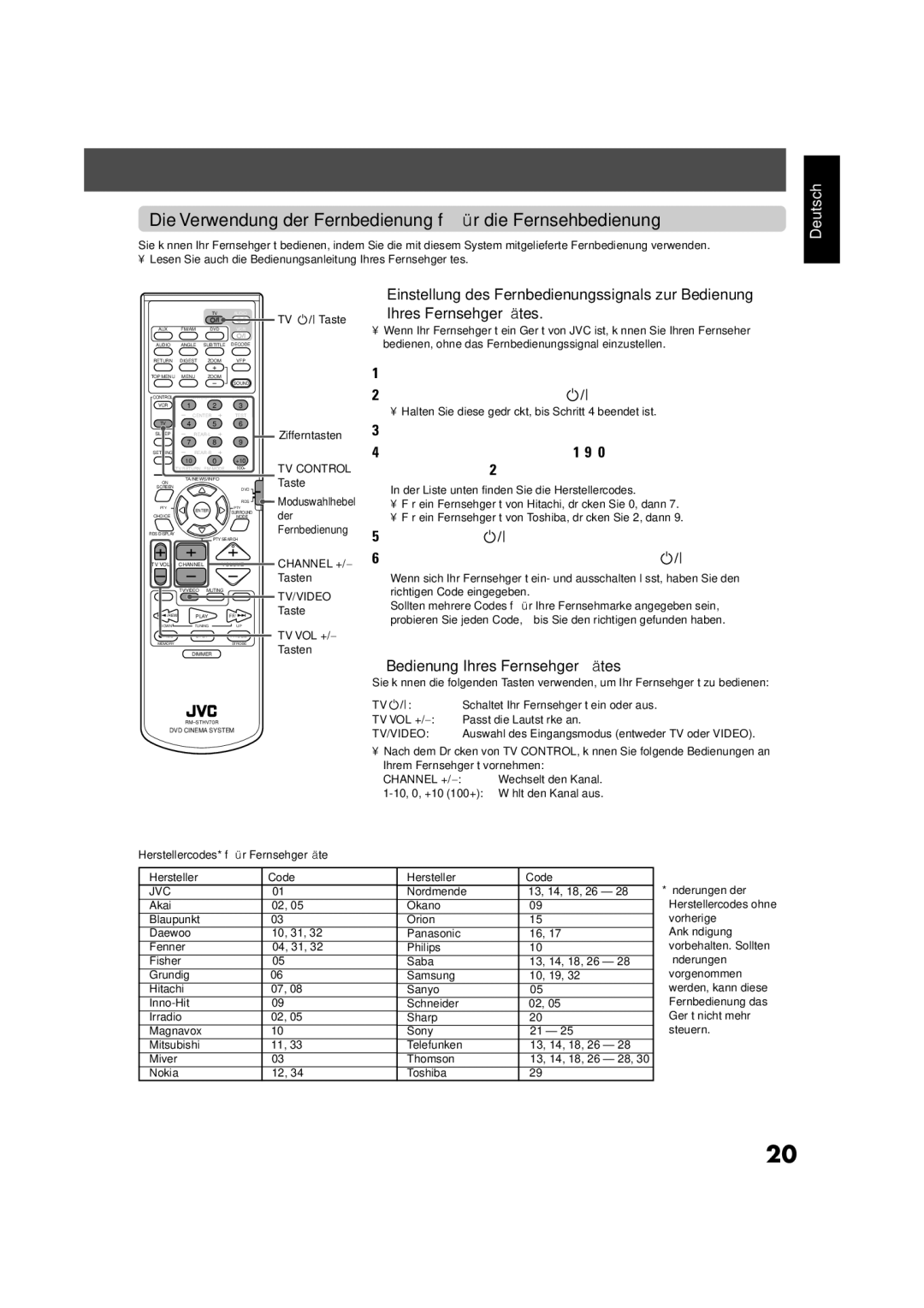 JVC TH-V70R Die Verwendung der Fernbedienung für die Fernsehbedienung, Einstellung des Fernbedienungssignals zur Bedienung 