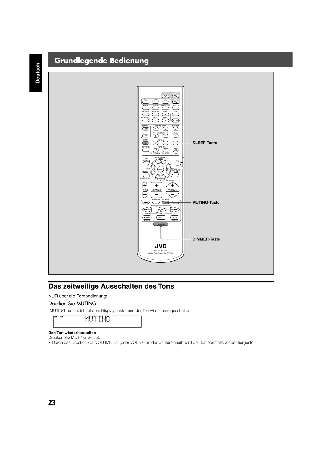 JVC TH-V70R manual Grundlegende Bedienung, Das zeitweilige Ausschalten des Tons, Drücken Sie Muting 