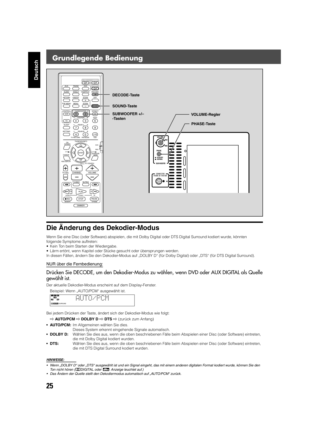 JVC TH-V70R manual Die Änderung des Dekodier-Modus, Subwoofer + 