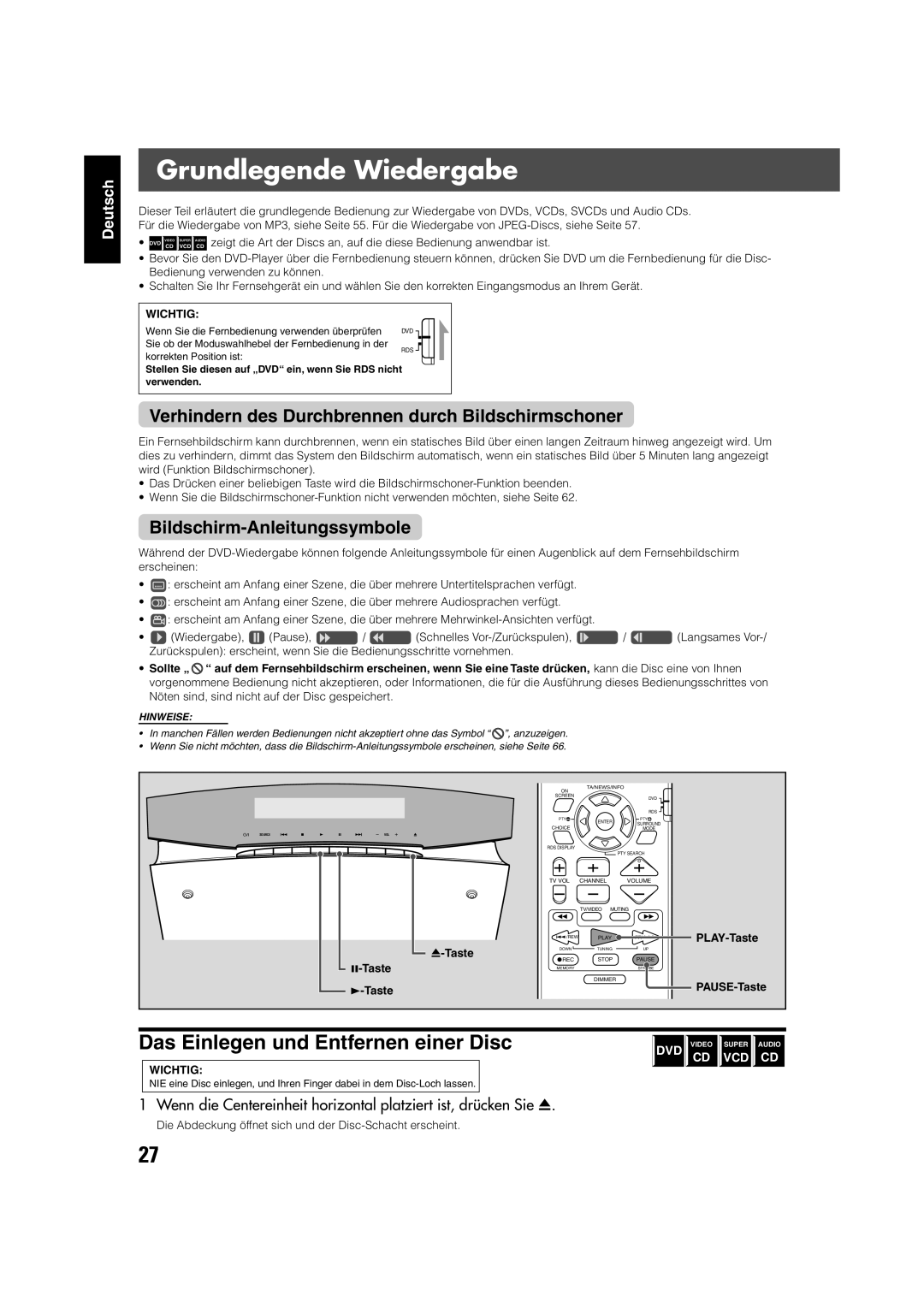 JVC TH-V70R Grundlegende Wiedergabe, Verhindern des Durchbrennen durch Bildschirmschoner, Bildschirm-Anleitungssymbole 