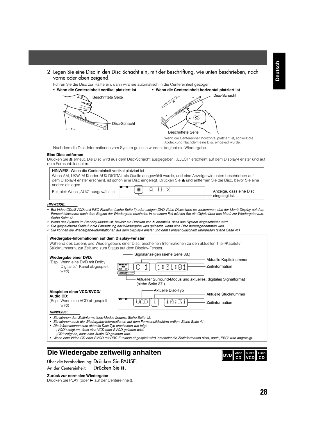 JVC TH-V70R manual Eine Disc entfernen, Wiedergabe-Informationen auf dem Display-Fenster, Wiedergabe einer DVD, Audio CD 