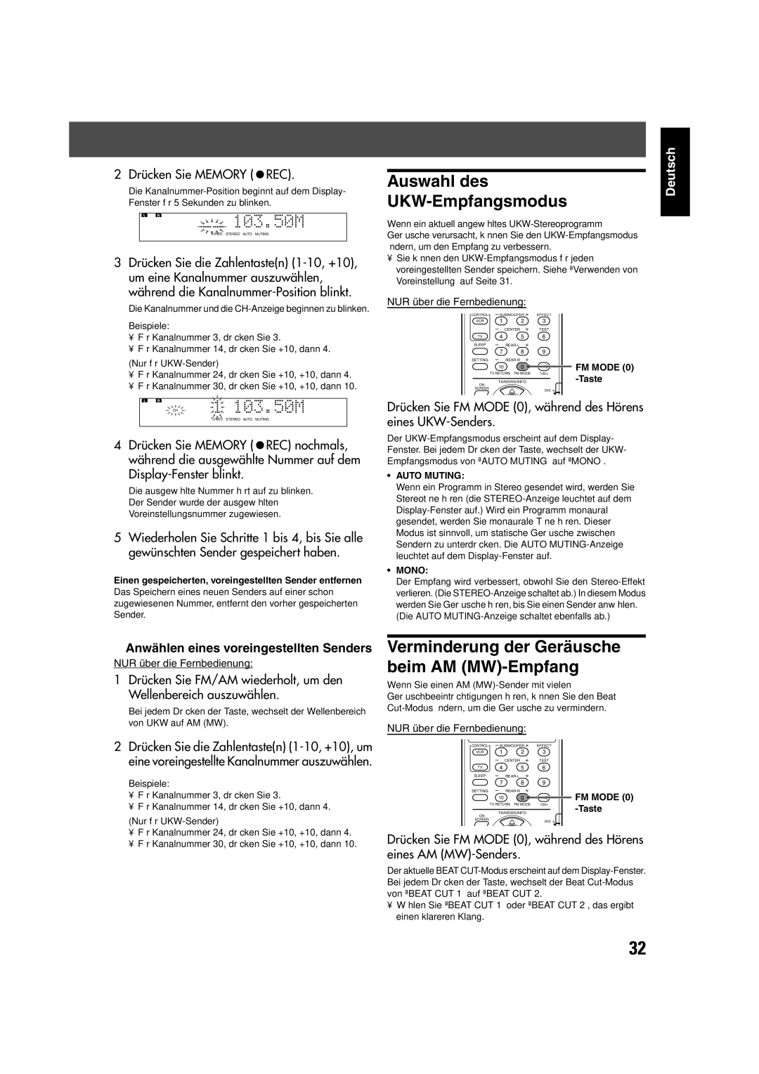 JVC TH-V70R manual Auswahl des UKW-Empfangsmodus, Verminderung der Geräusche beim AM MW-Empfang, Drücken Sie Memory REC 