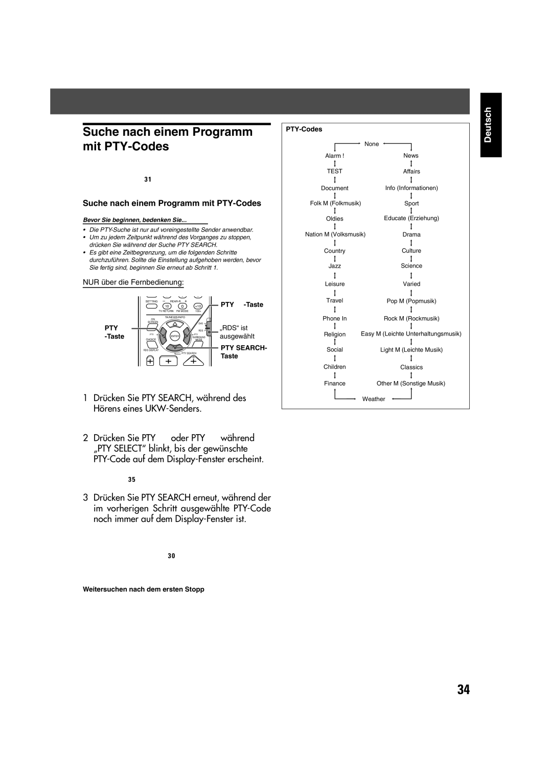 JVC TH-V70R manual Suche nach einem Programm mit PTY-Codes, PTY Search 