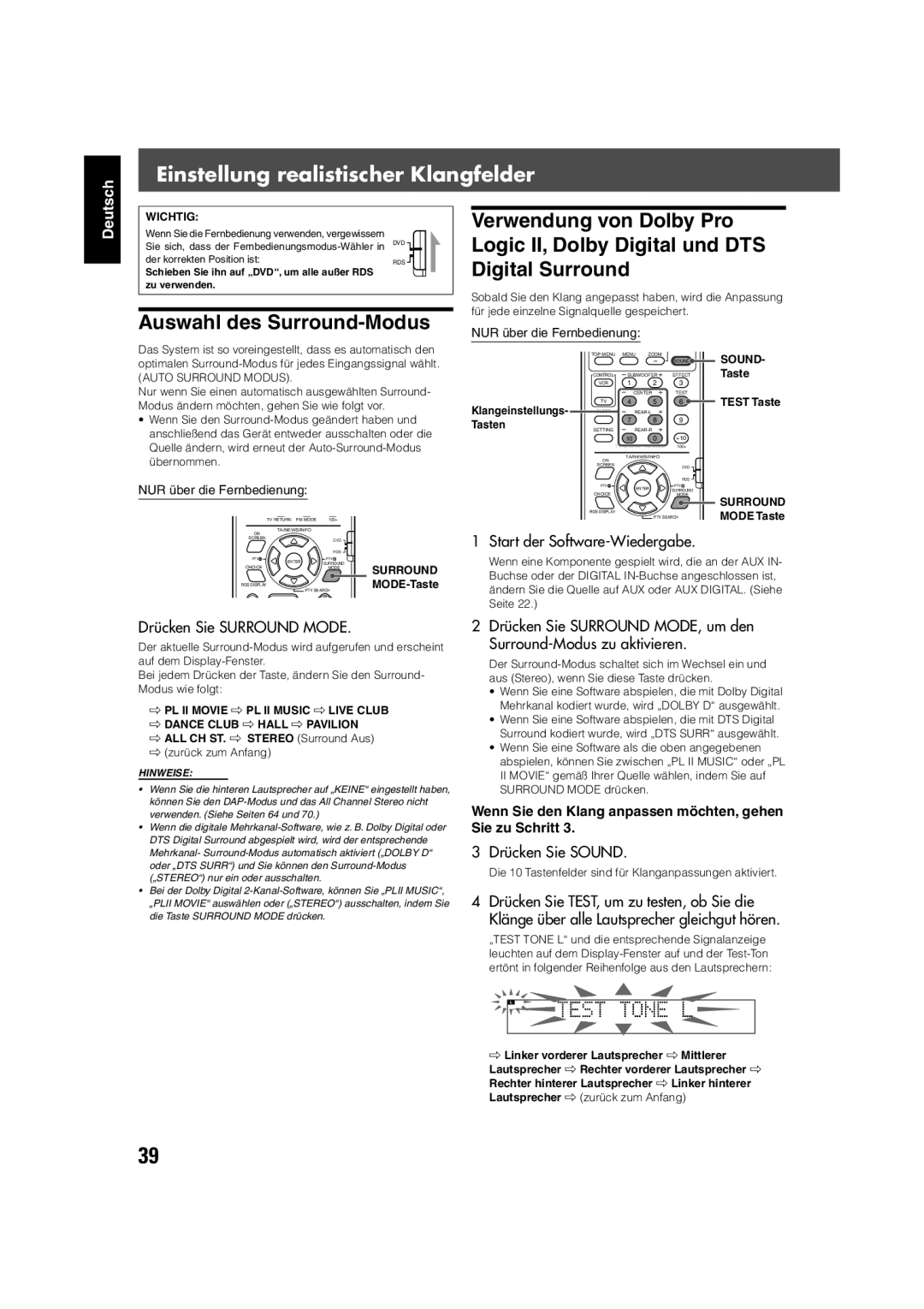 JVC TH-V70R manual Einstellung realistischer Klangfelder, Start der Software-Wiedergabe, Drücken Sie Surround Mode 