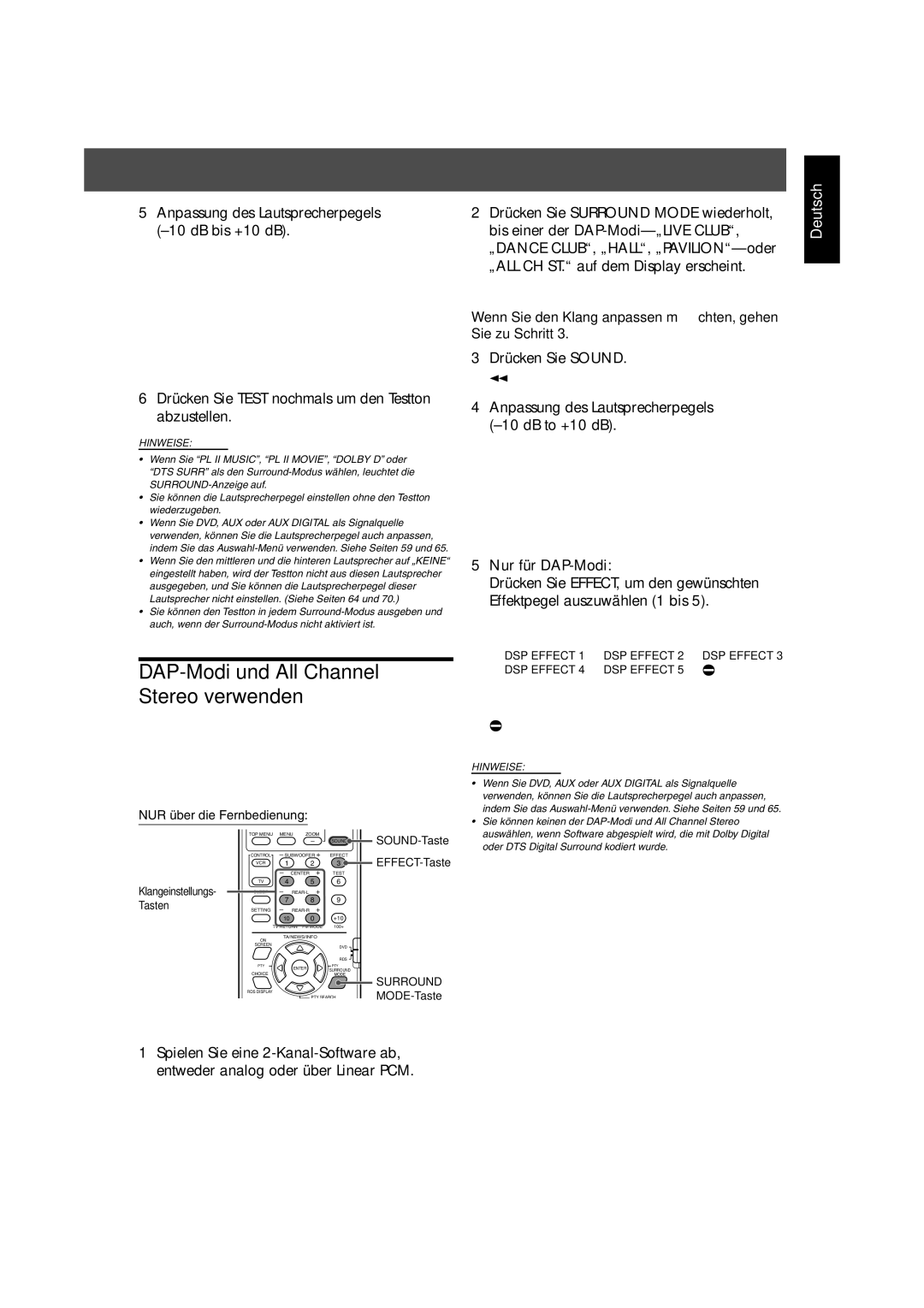 JVC TH-V70R manual DAP-Modi und All Channel Stereo verwenden, Drücken Sie Test nochmals um den Testton abzustellen 