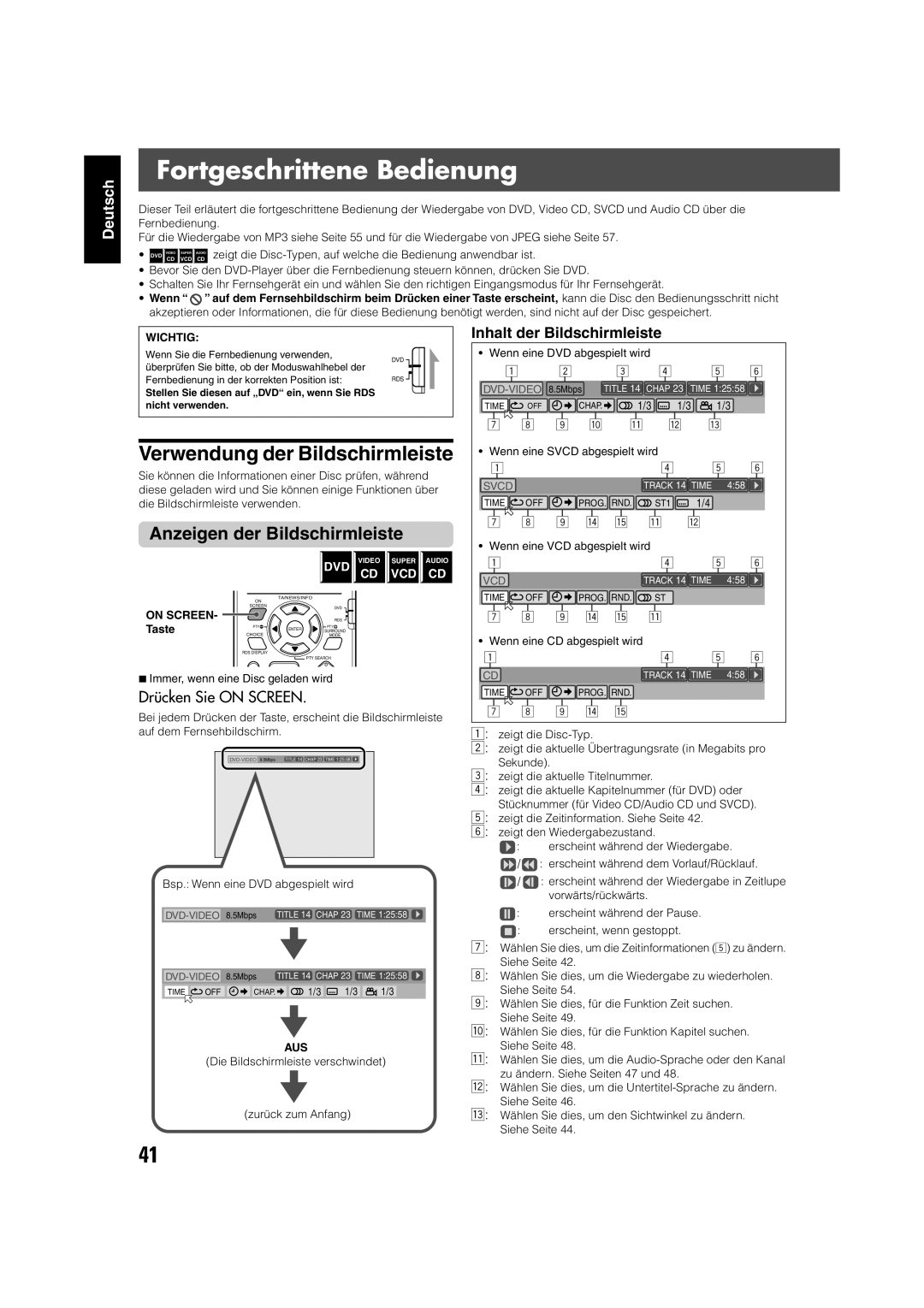 JVC TH-V70R manual Fortgeschrittene Bedienung, Verwendung der Bildschirmleiste, Anzeigen der Bildschirmleiste 