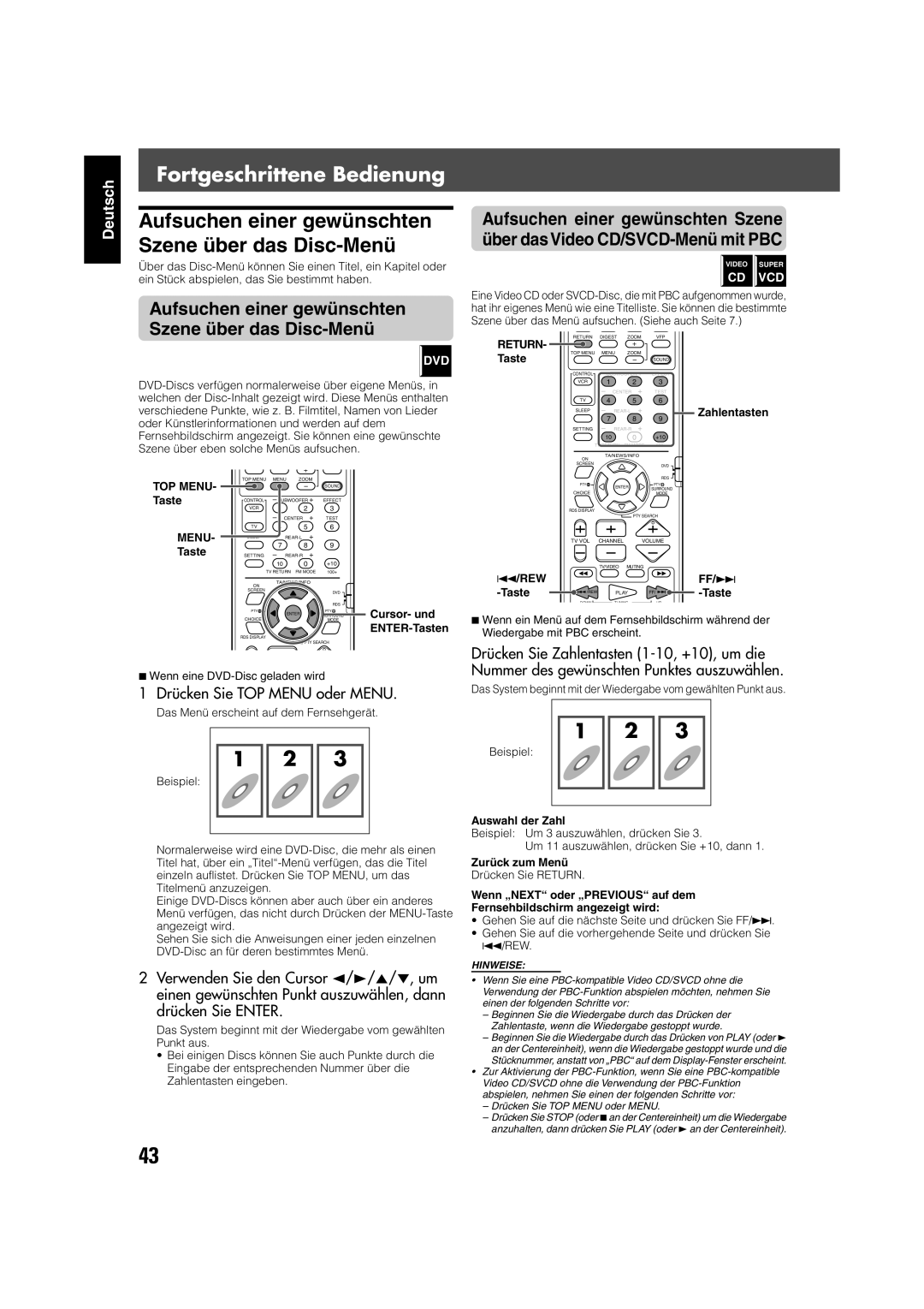 JVC TH-V70R manual Fortgeschrittene Bedienung, Aufsuchen einer gewünschten Szene über das Disc-Menü 