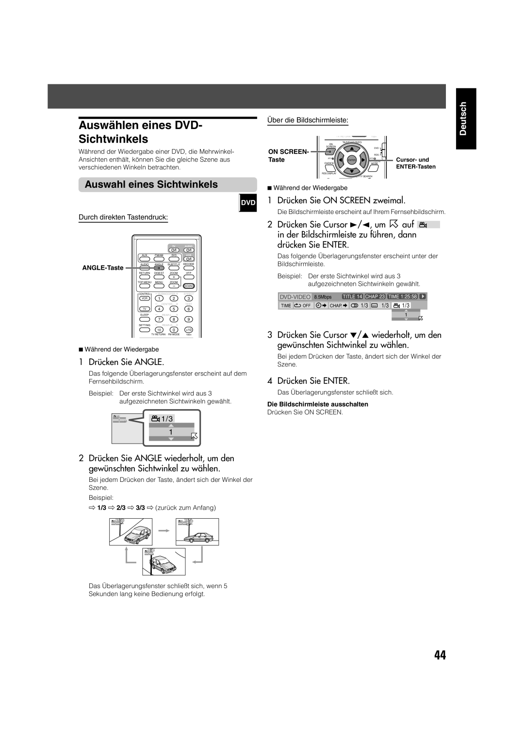 JVC TH-V70R manual Auswählen eines DVD Sichtwinkels, Auswahl eines Sichtwinkels, Drücken Sie Angle, ANGLE-Taste 