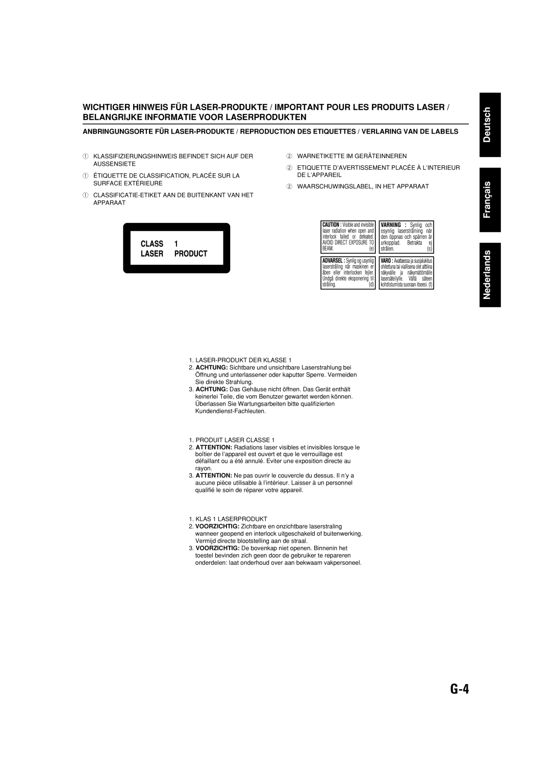 JVC TH-V70R manual LASER-PRODUKT DER Klasse 