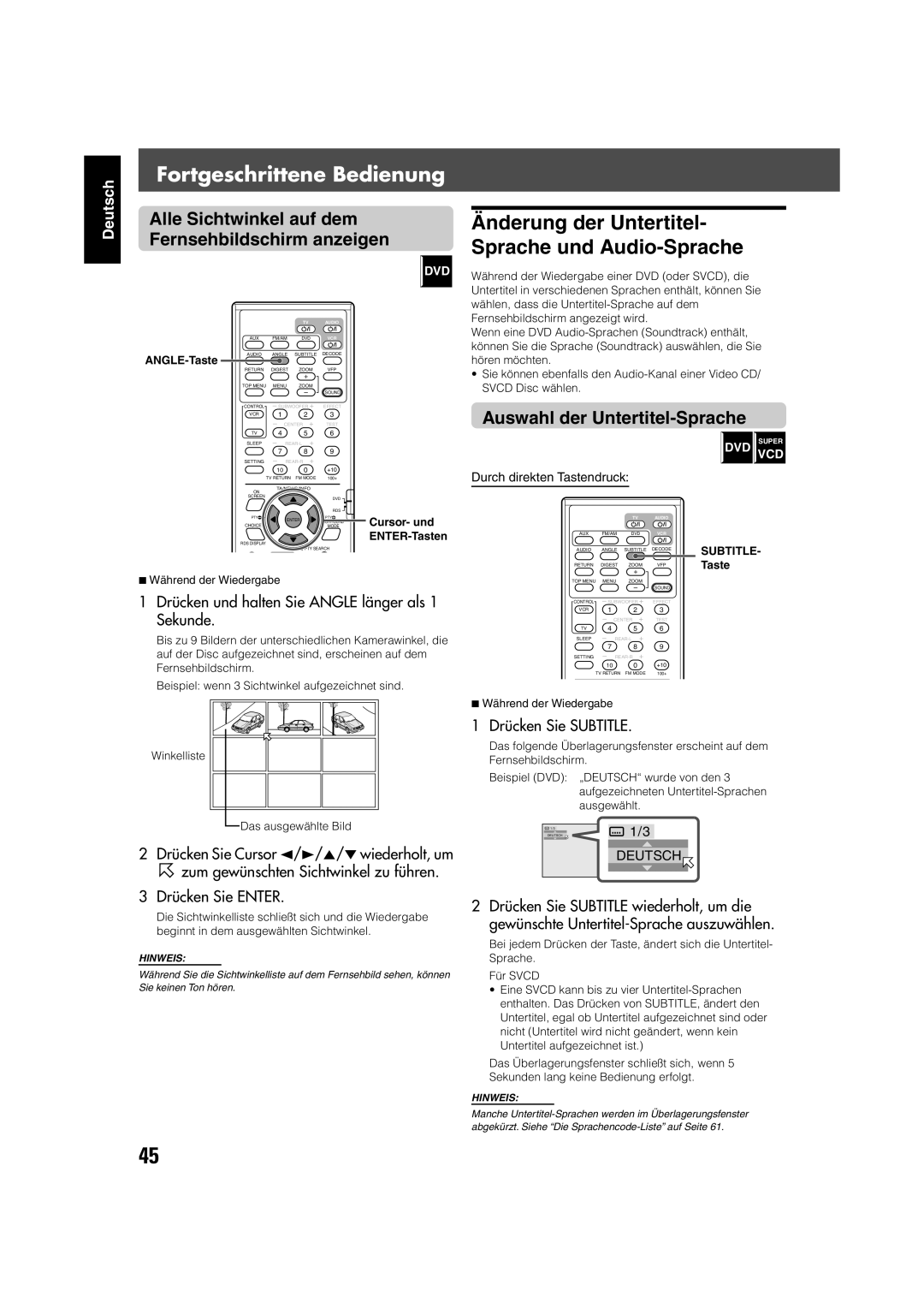 JVC TH-V70R manual Änderung der Untertitel- Sprache und Audio-Sprache, Auswahl der Untertitel-Sprache, Drücken Sie Subtitle 