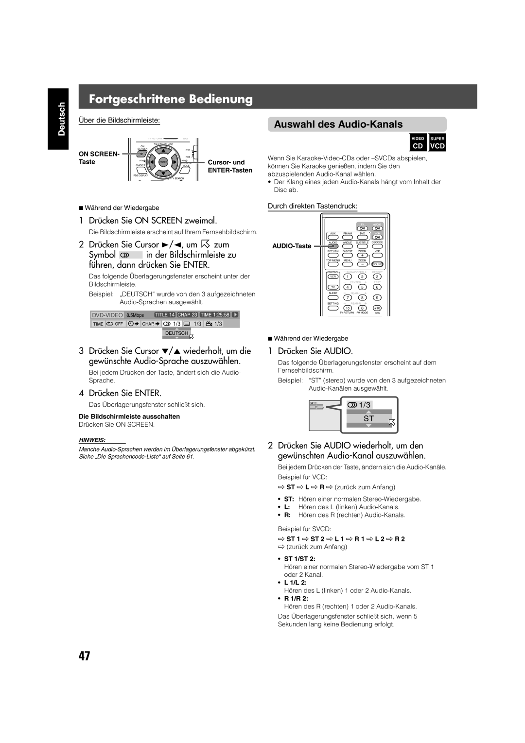 JVC TH-V70R Auswahl des Audio-Kanals, Bei jedem Drücken der Taste, ändert sich die Audio- Sprache, ST 1 ST 2 L 1 R 1 L 2 R 