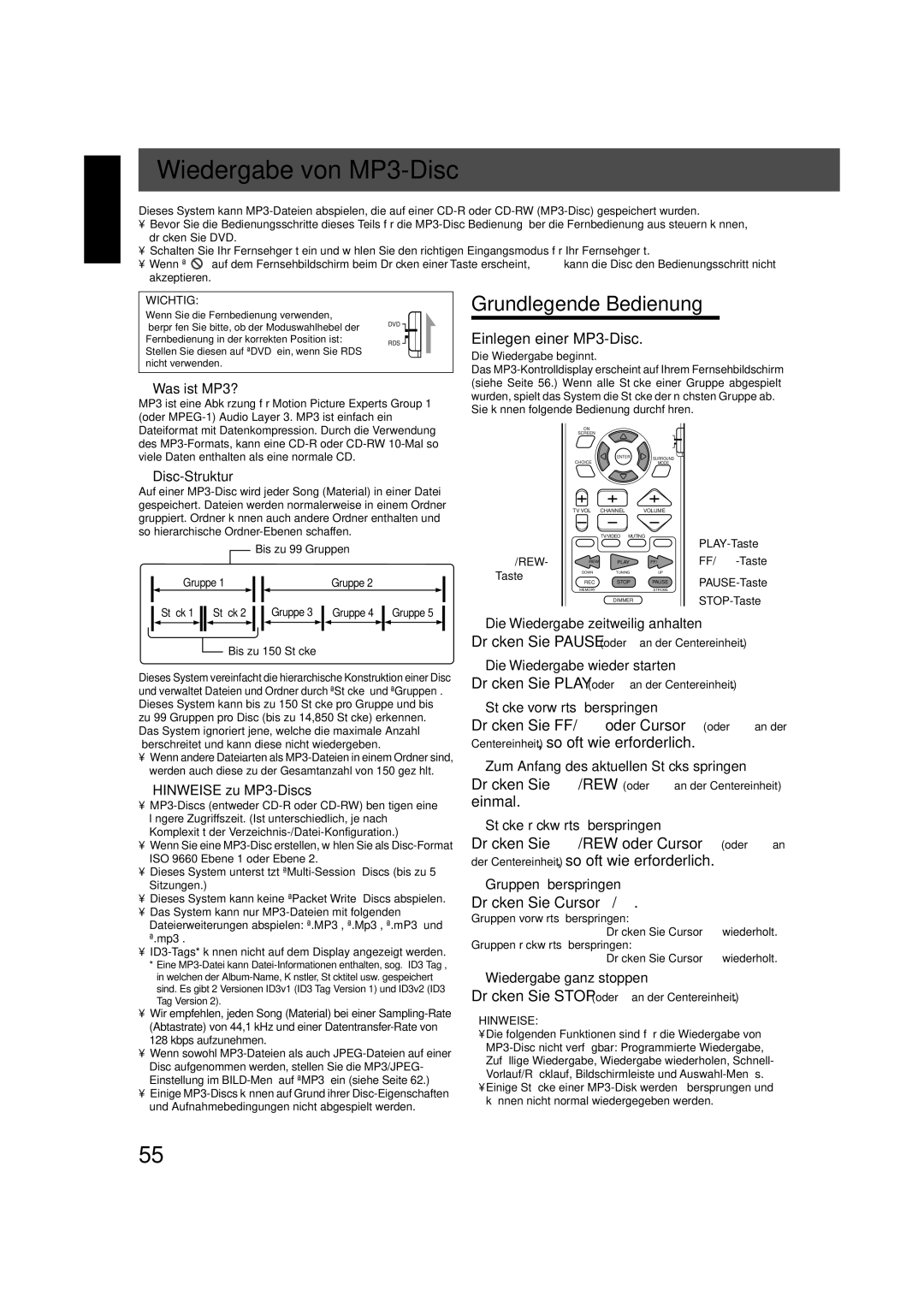 JVC TH-V70R manual Wiedergabe von MP3-Disc, Grundlegende Bedienung, Einlegen einer MP3-Disc, Einmal, Drücken Sie Cursor 3/2 