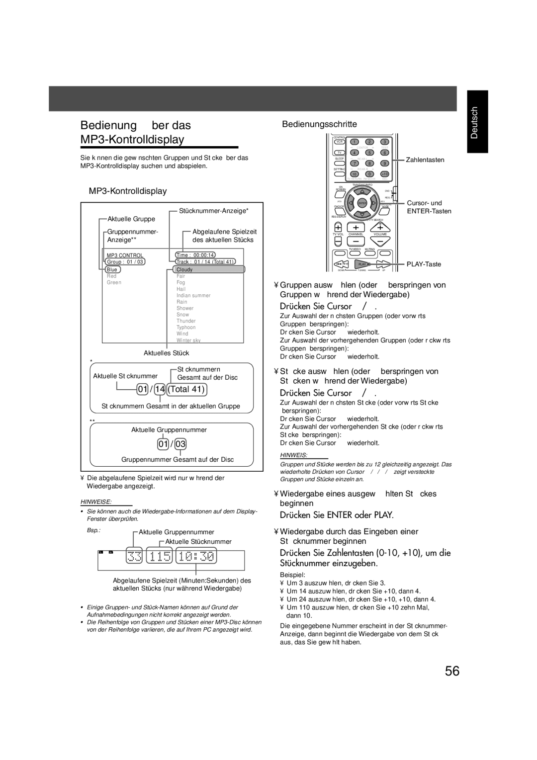 JVC TH-V70R manual Bedienung über das MP3-Kontrolldisplay, 01 / 14 Total, Bedienungsschritte 