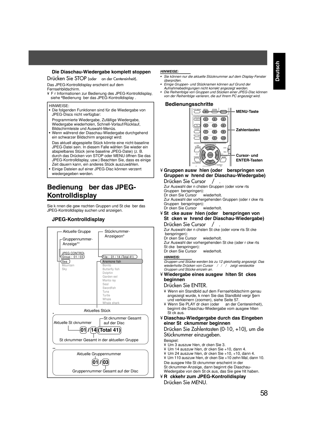 JVC TH-V70R manual Bedienung über das JPEG- Kontrolldisplay, JPEG-Kontrolldisplay, Drücken Sie Menu 