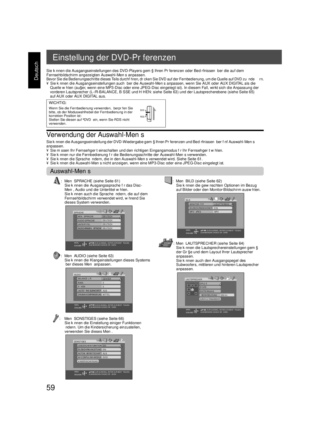 JVC TH-V70R manual Einstellung der DVD-Präferenzen, Verwendung der Auswahl-Menüs 