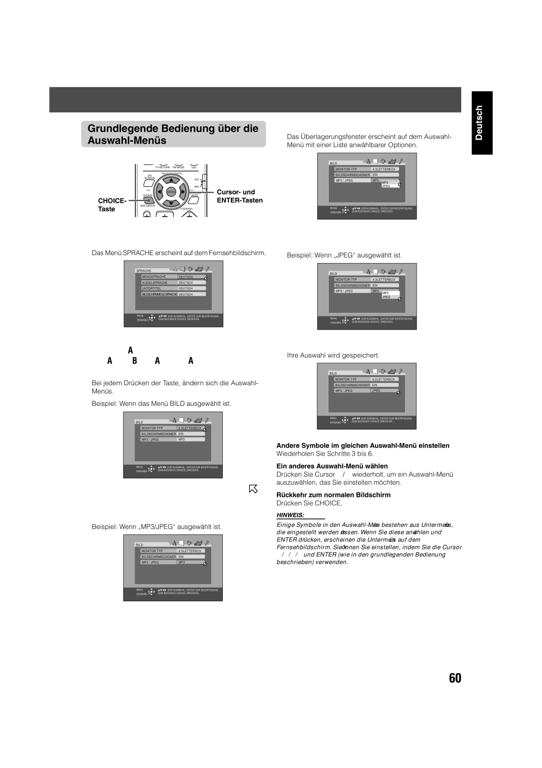 JVC TH-V70R manual Grundlegende Bedienung über die Auswahl-Menüs, Drücken Sie Choice, CHOICE- ENTER-Tasten 