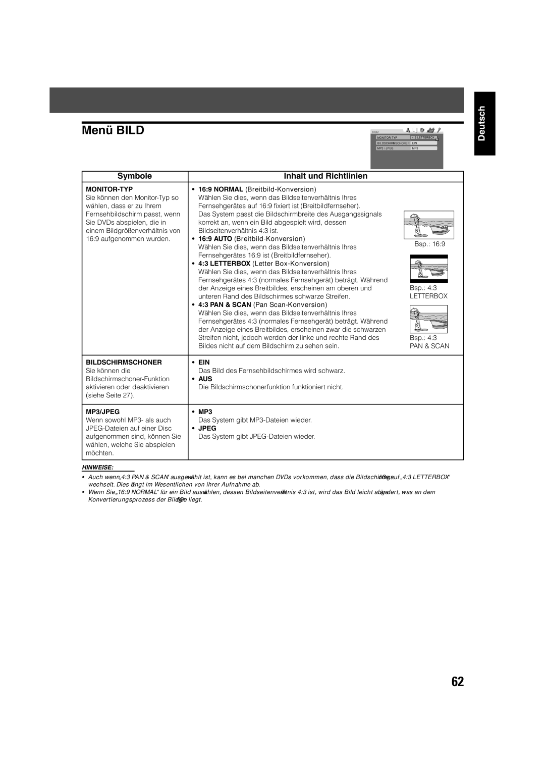 JVC TH-V70R manual Menü Bild, Monitor-Typ, Bildschirmschoner EIN, MP3/JPEG, Jpeg 