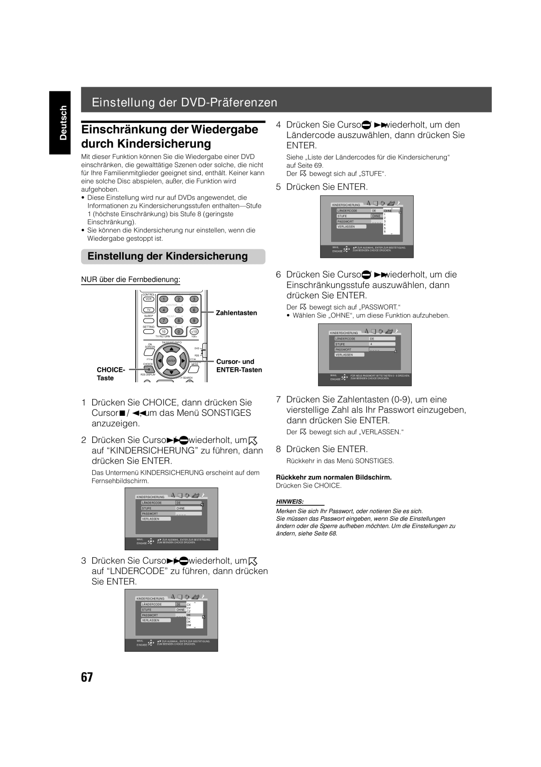 JVC TH-V70R manual Einschränkung der Wiedergabe durch Kindersicherung, Einstellung der Kindersicherung, Choice 