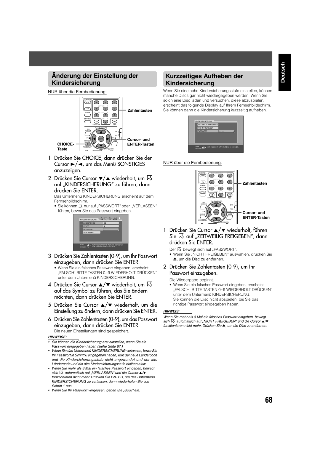 JVC TH-V70R manual Änderung der Einstellung der Kindersicherung, Kurzzeitiges Aufheben der Kindersicherung 