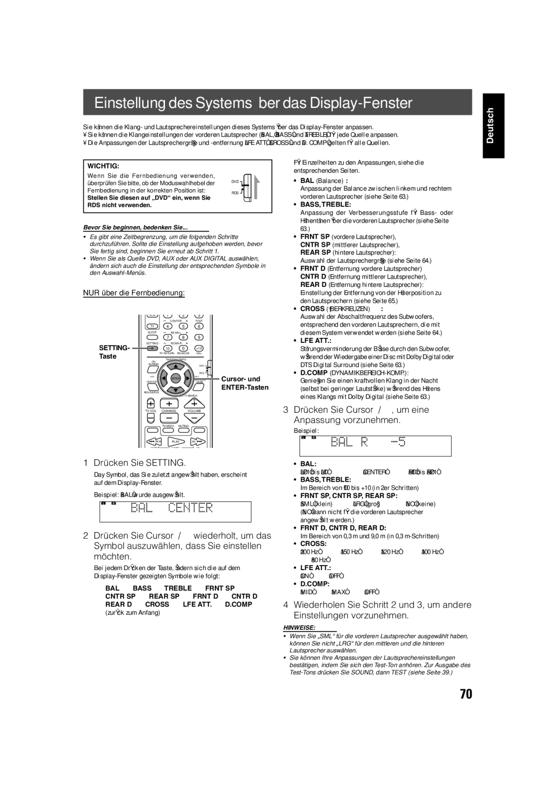 JVC TH-V70R manual Einstellung des Systems über das Display-Fenster, Drücken Sie Cursor 2/3, um eine Anpassung vorzunehmen 