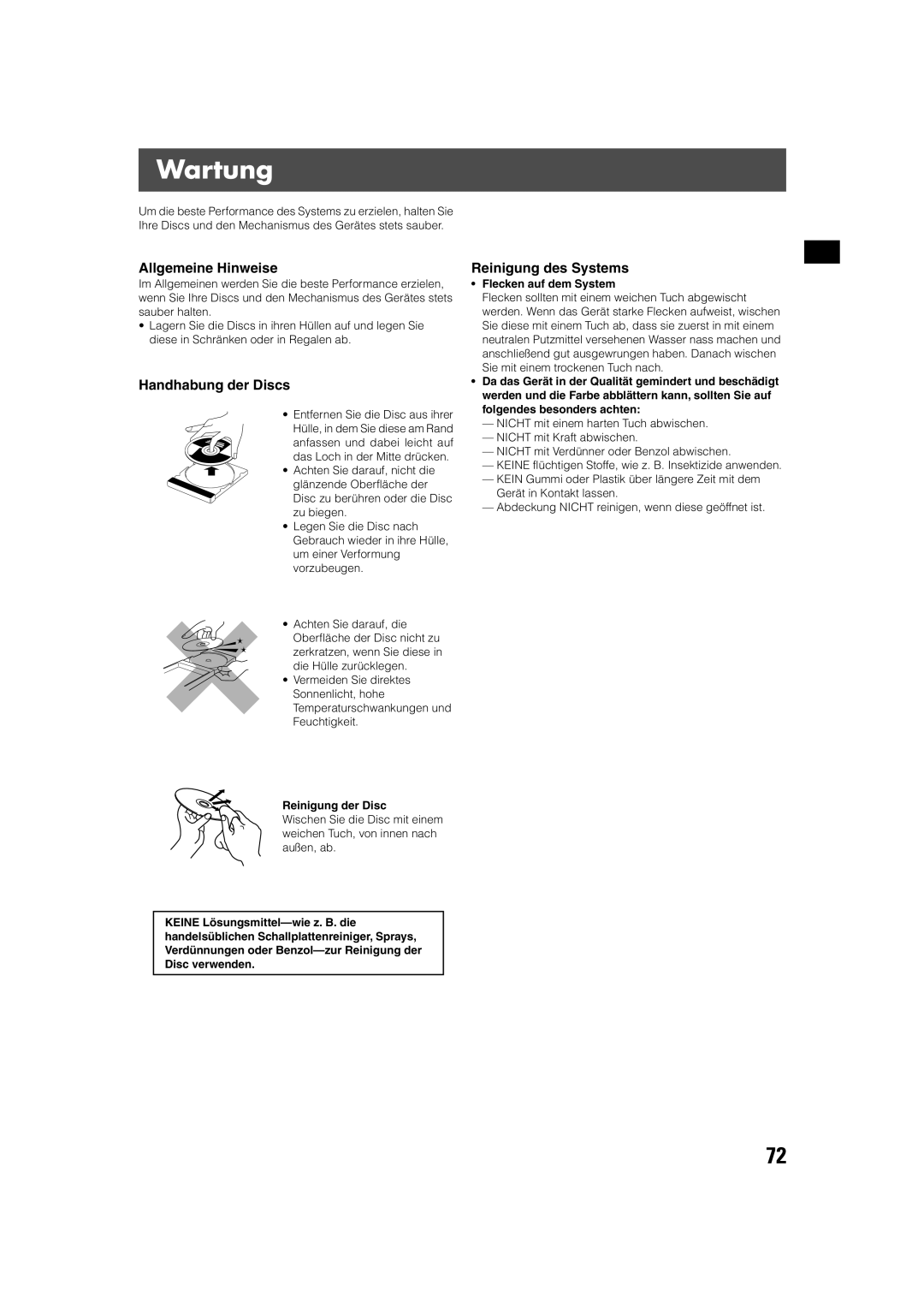 JVC TH-V70R manual Wartung, Allgemeine Hinweise, Handhabung der Discs, Reinigung des Systems 