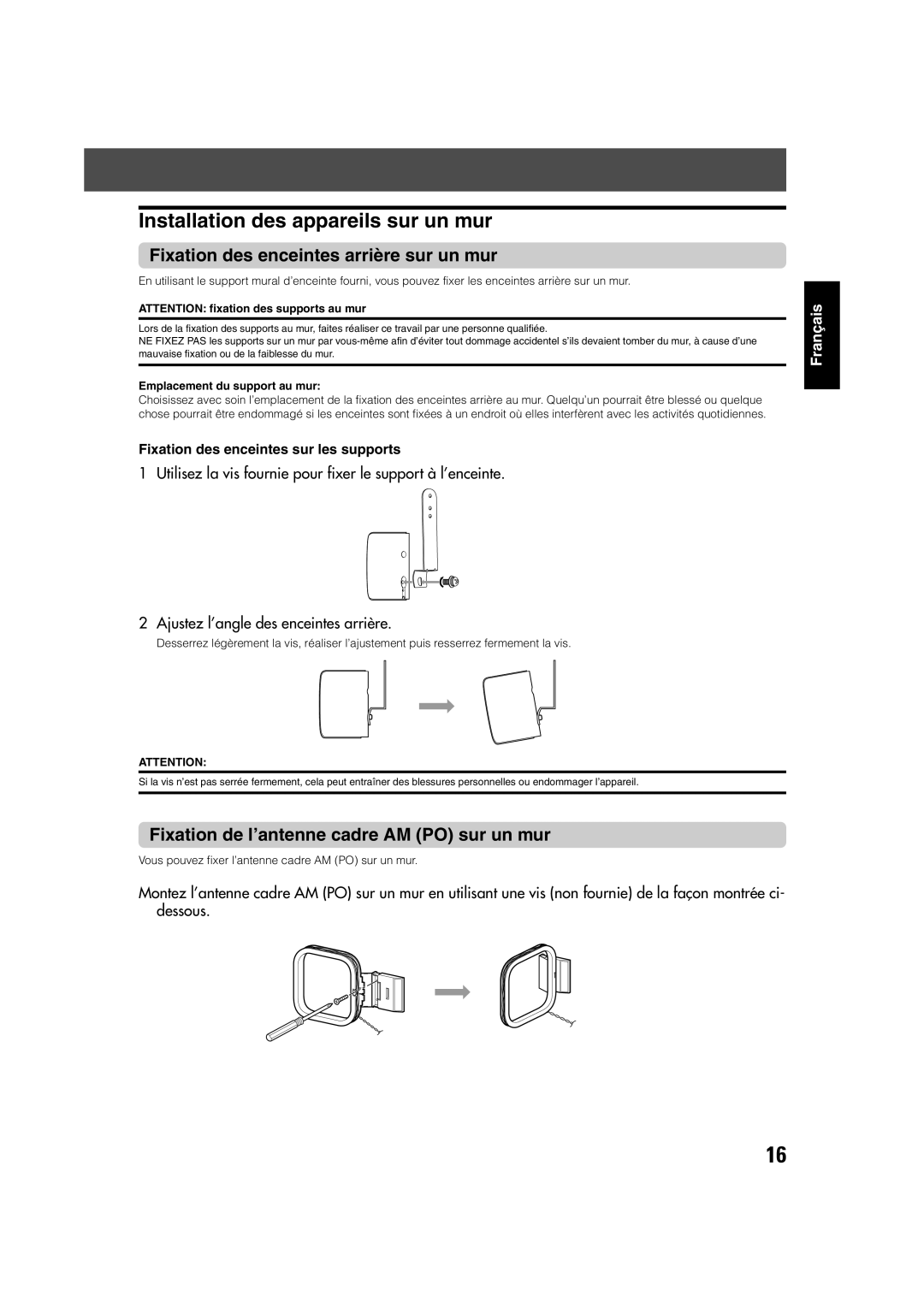 JVC TH-V70R manual Installation des appareils sur un mur, Fixation des enceintes arrière sur un mur 