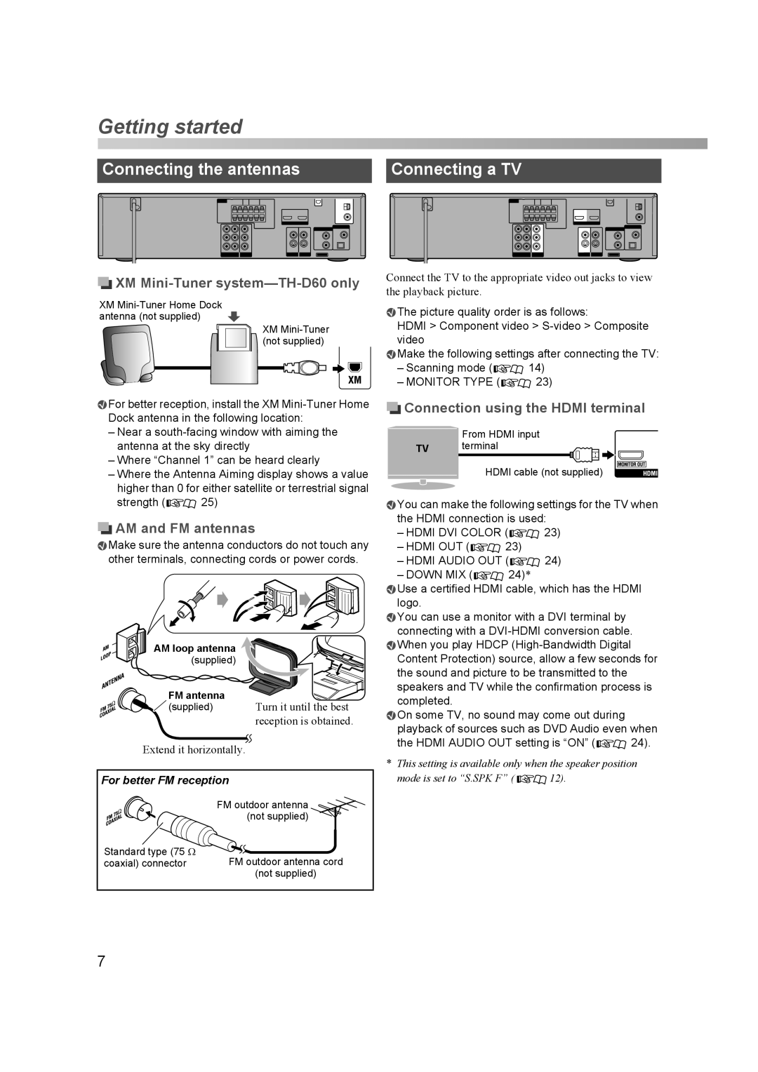 JVC THD60 manual Connecting the antennas Connecting a TV, XM Mini-Tuner system-TH-D60 only, AM and FM antennas 