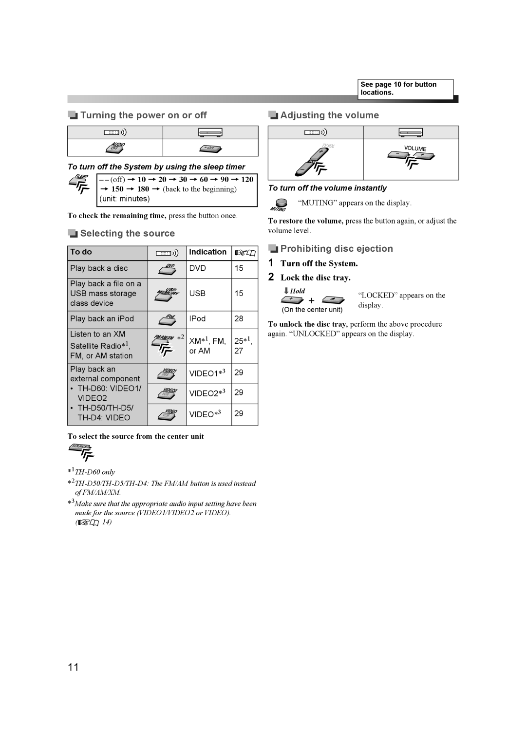 JVC THD60 manual Turning the power on or off Adjusting the volume, Selecting the source, Prohibiting disc ejection 