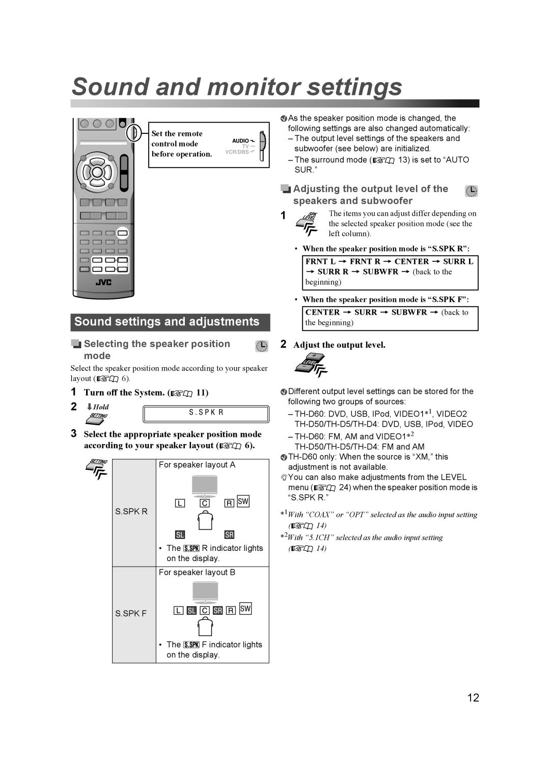 JVC THD60 manual Sound and monitor settings, Sound settings and adjustments, Selecting the speaker position mode 