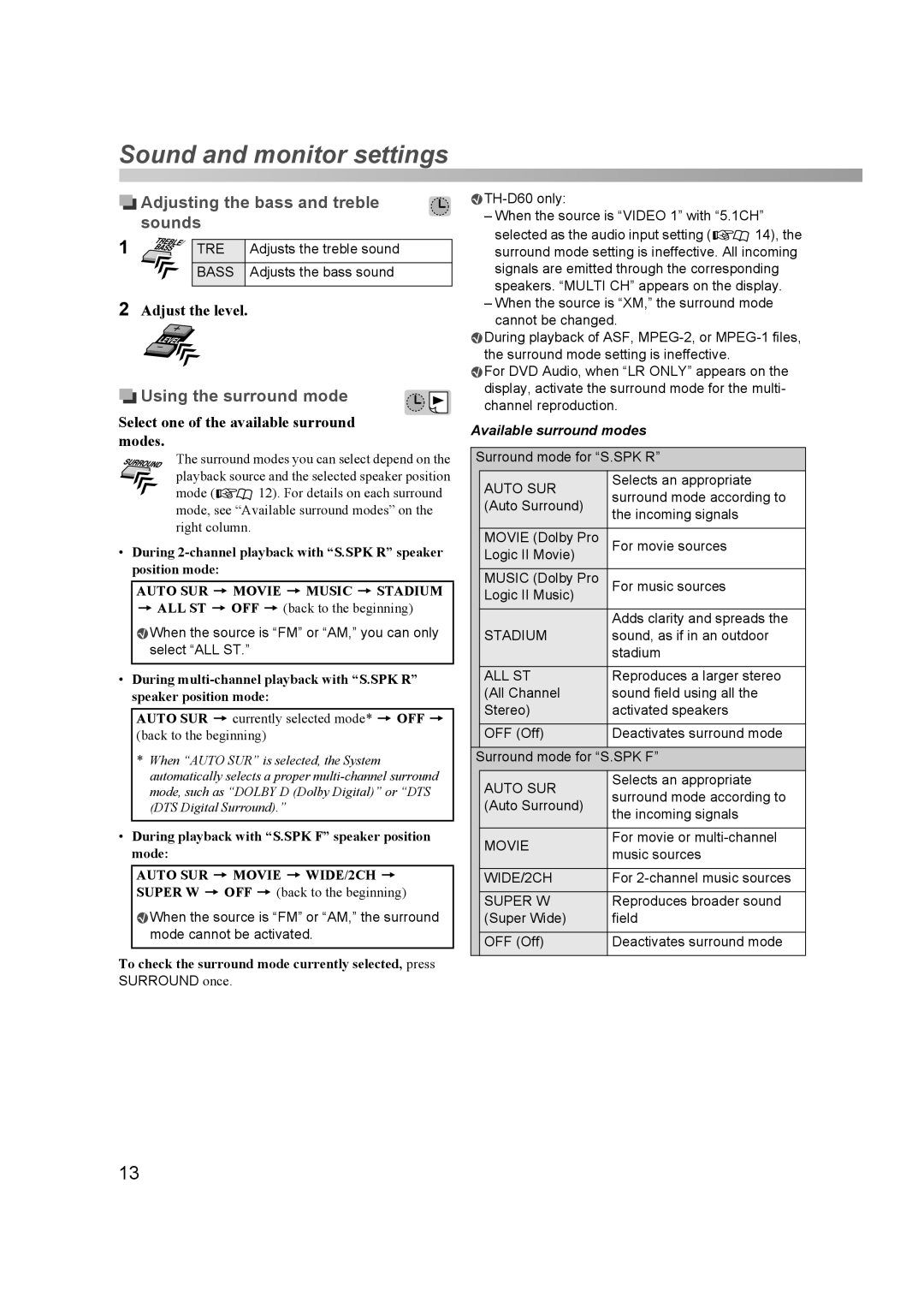 JVC THD60 manual Adjusting the bass and treble sounds, Using the surround mode, Adjust the level, Available surround modes 