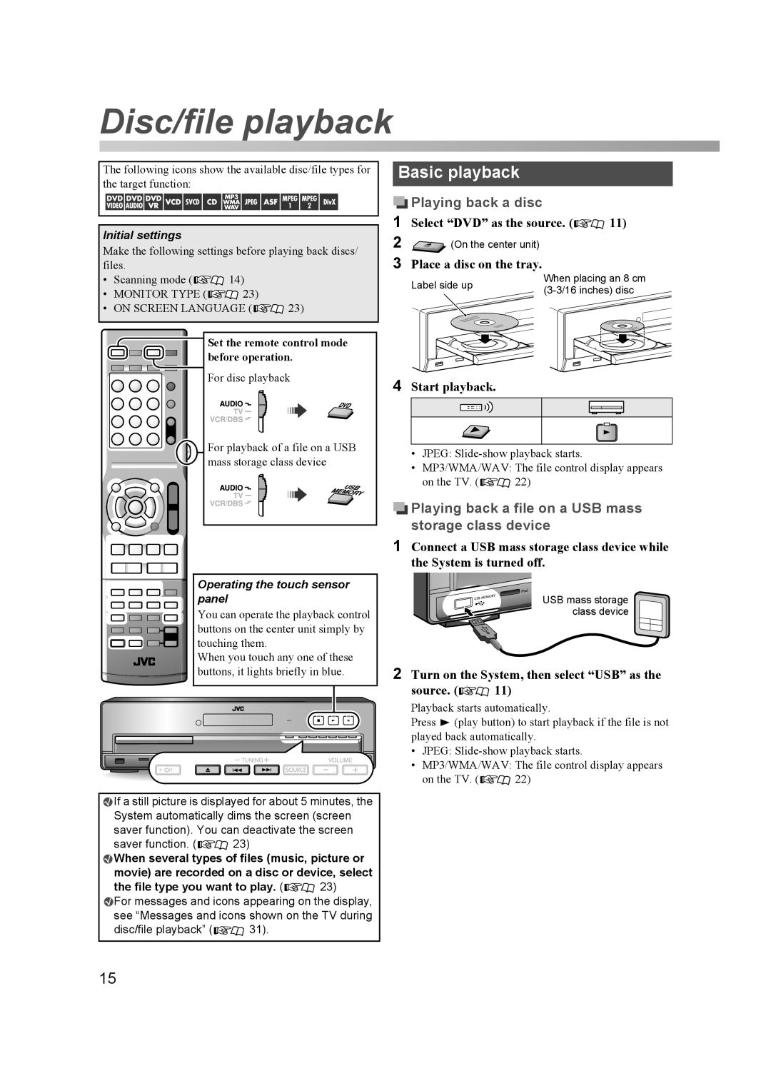 JVC THD60 Disc/file playback, Basic playback, Playing back a disc, Playing back a file on a USB mass storage class device 