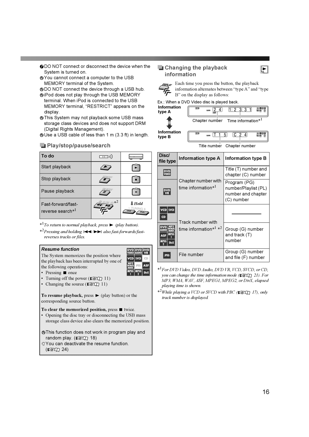 JVC THD60 manual Play/stop/pause/search, Changing the playback information, To do, Resume function 